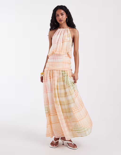 chiffon halter bubble waist maxi dress in check