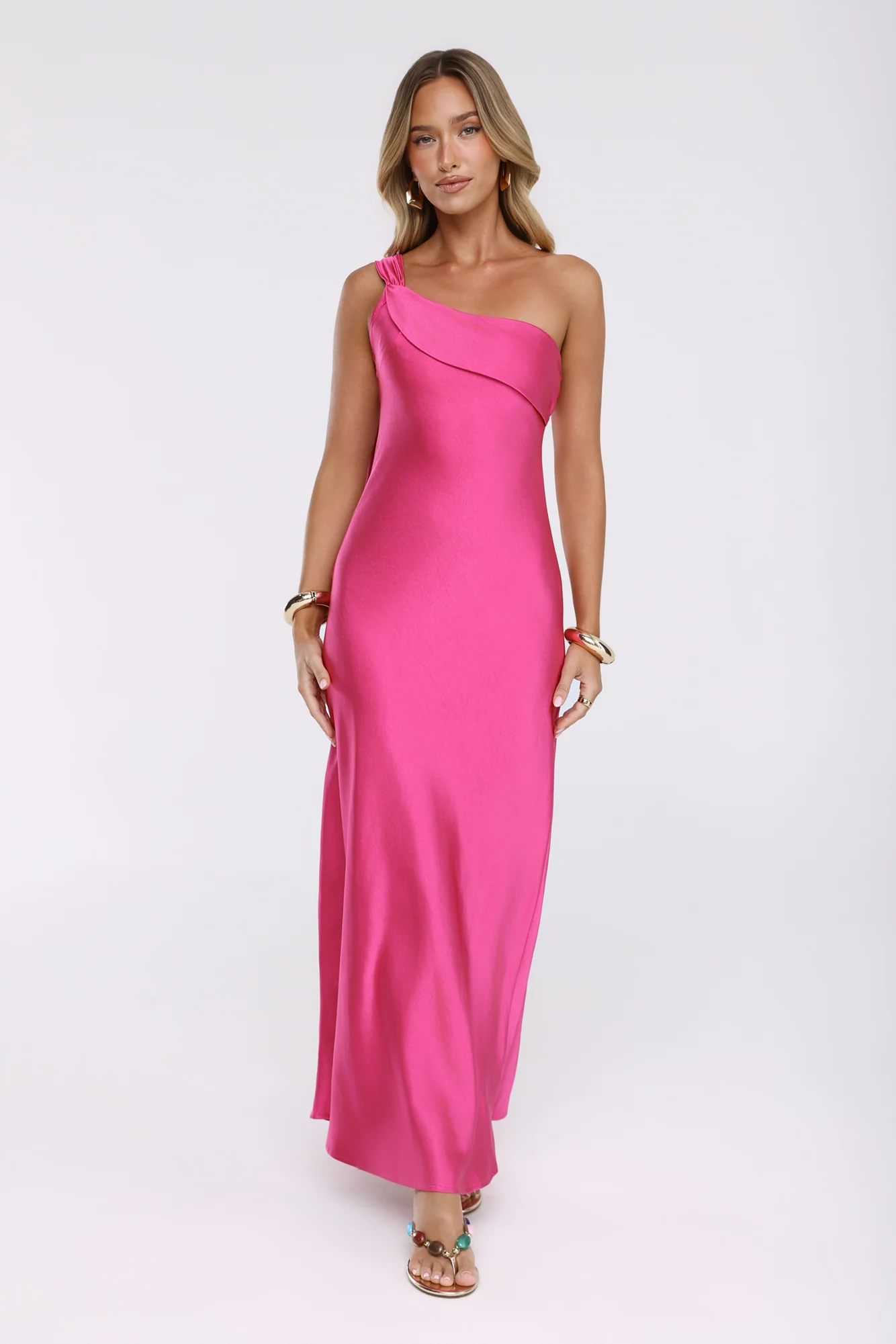 Romantic Tales Satin One Shoulder Maxi Dress Hot Pink