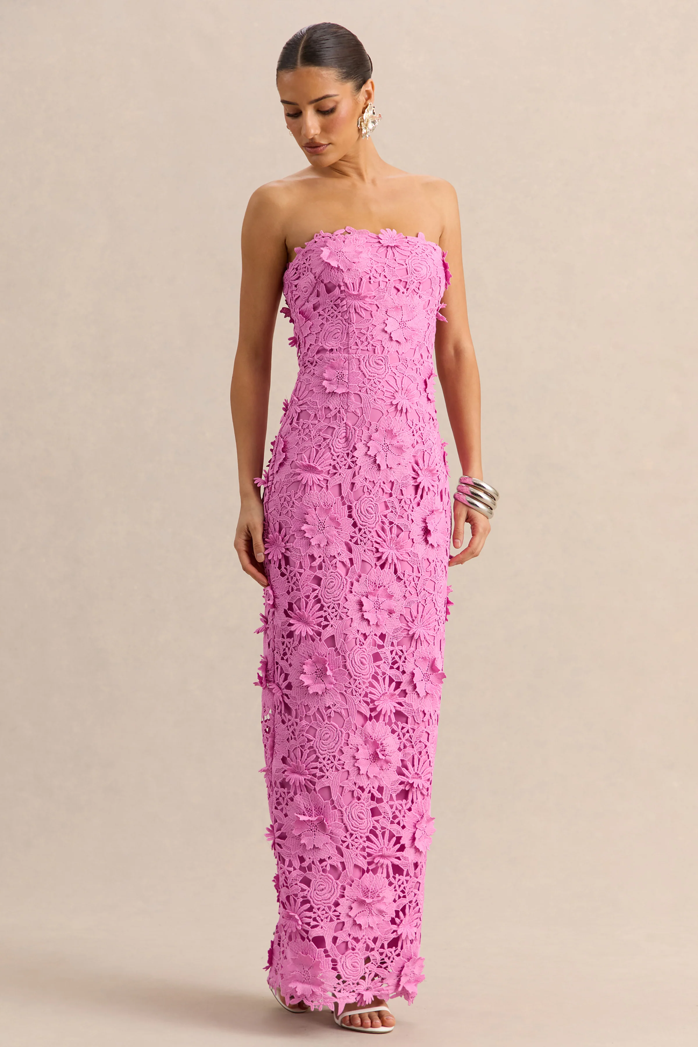 Gracie | Pink Lace Bandeau Maxi Dress