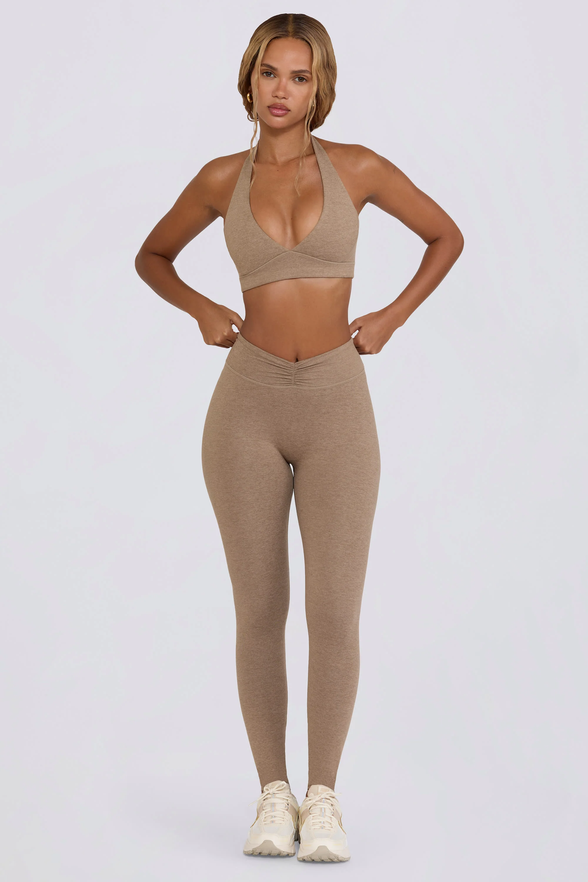 Brushed Jersey Ruched Mid-Rise Leggings in Mocha Marl