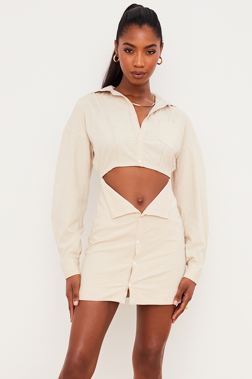 beige linen cutout shirt dress