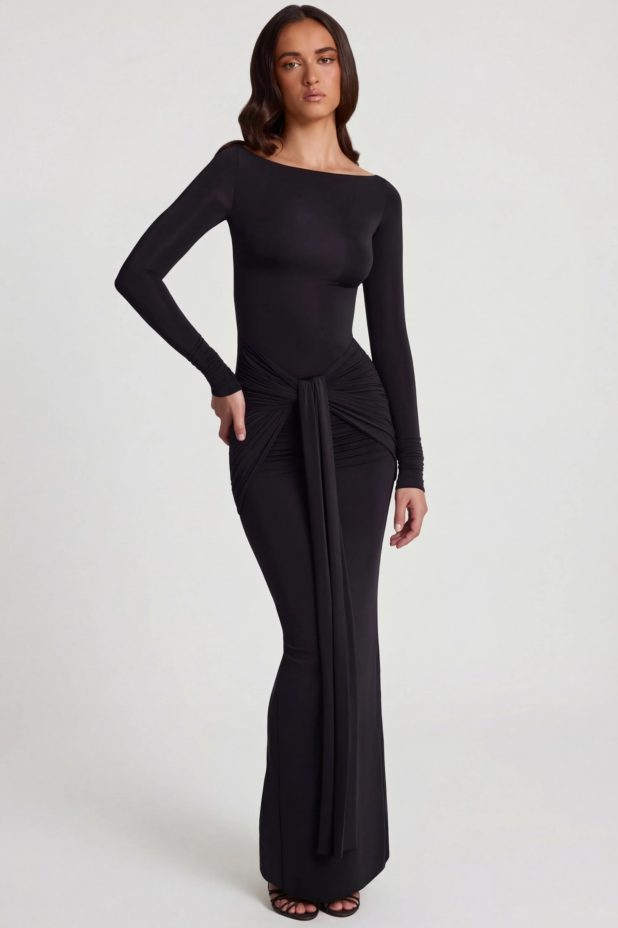 Soft Jersey Boat-Neck Tie-Gather Maxi Dress in Black