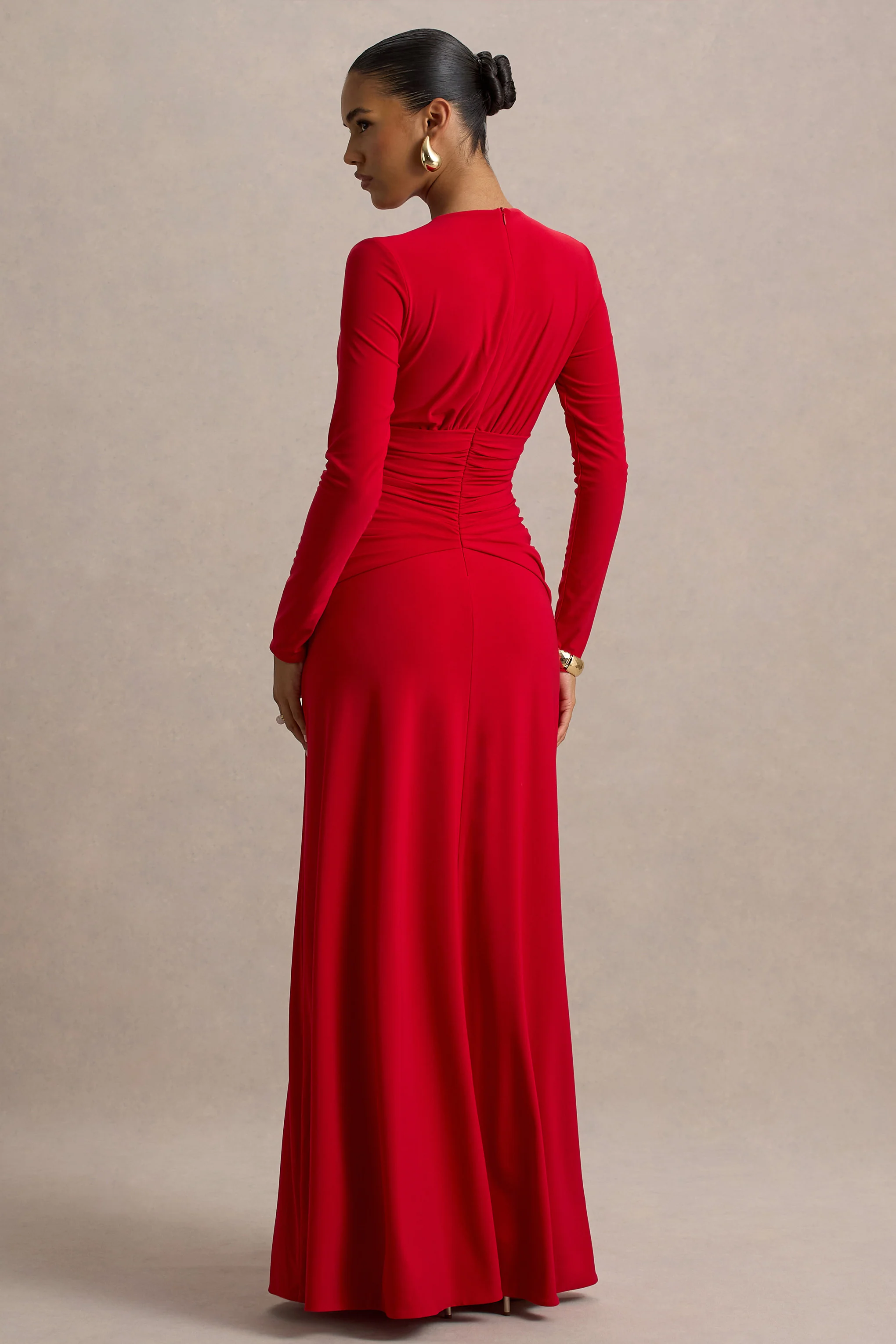 Estrella | Red High-Neck Maxi Dress With Ruched Detailing