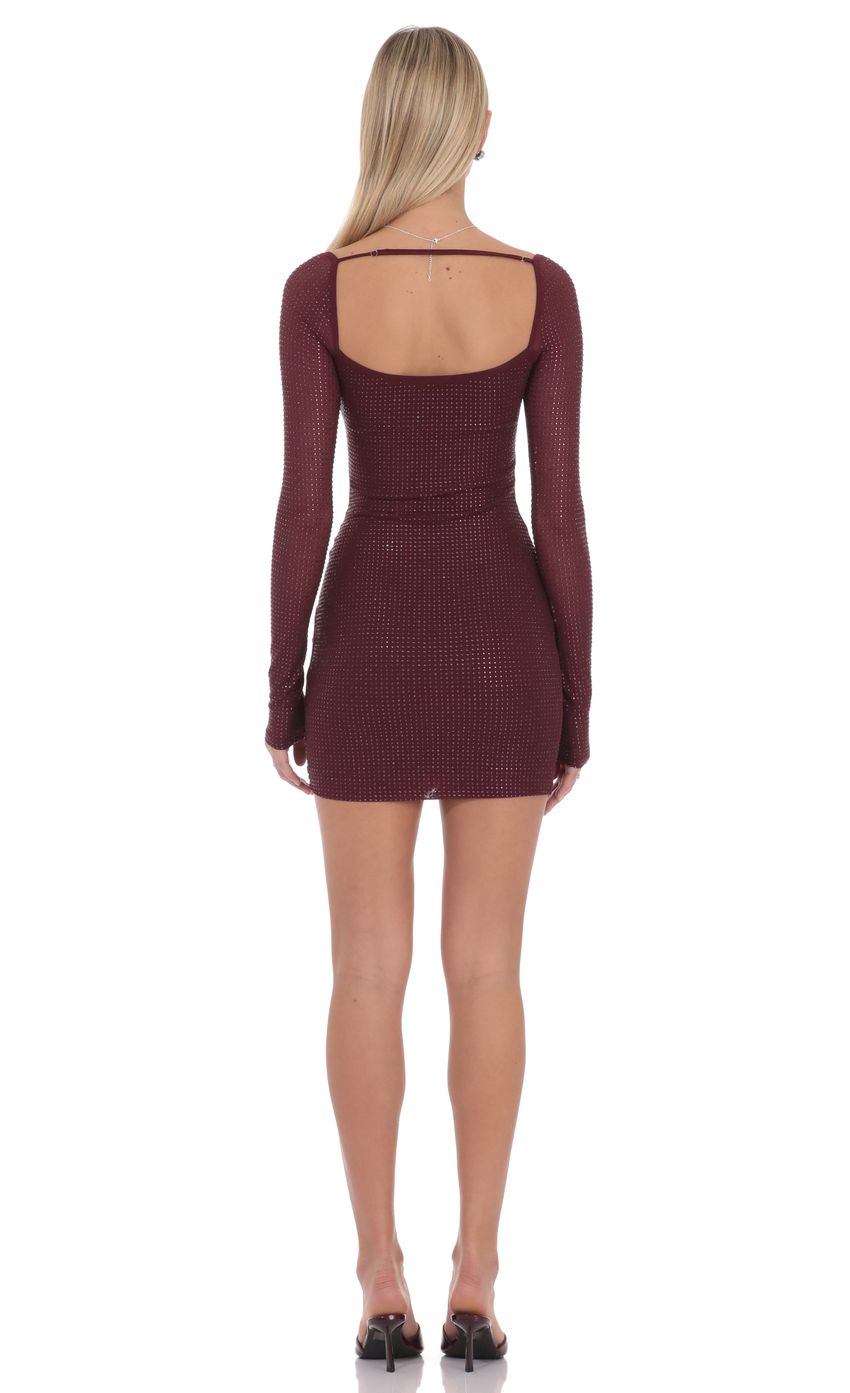 Rhinestone Long Sleeve Mini Dress in Maroon