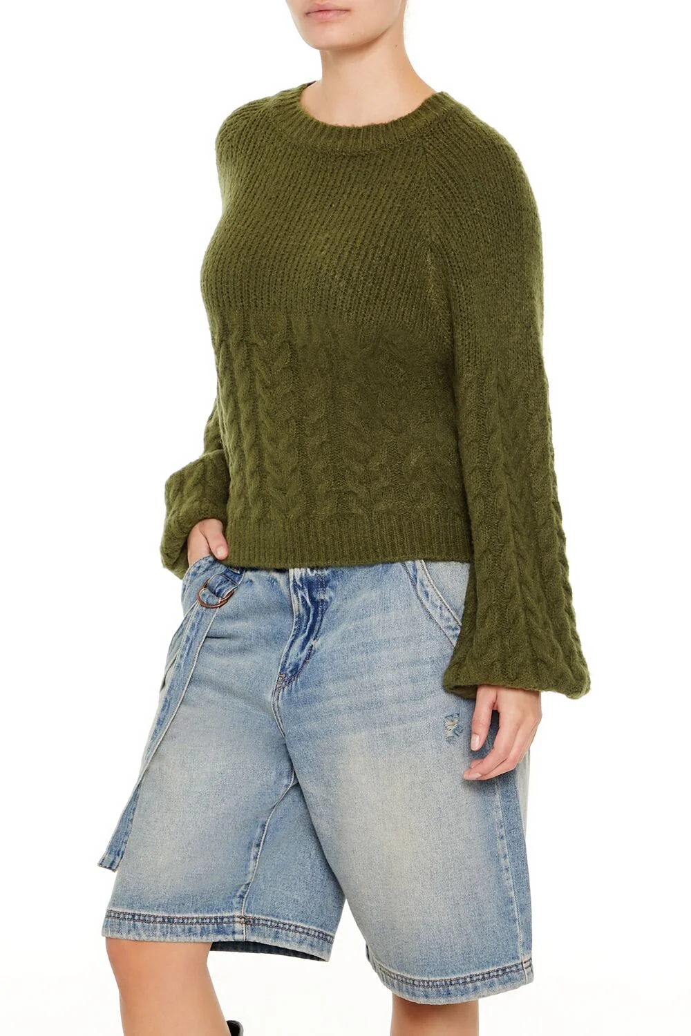 Peasant-Sleeve Cable Knit Sweater