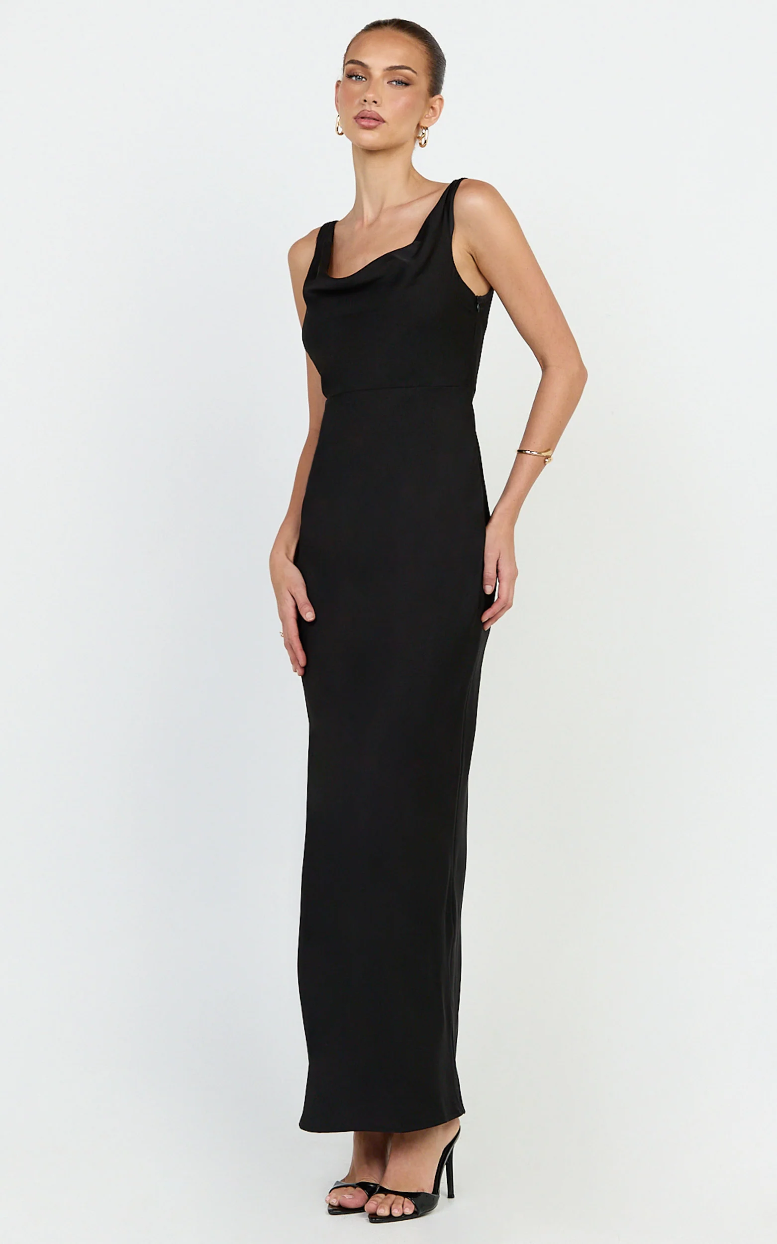 Harlow Maxi Dress - Cowl Neck Scooped Back Slip Dress in Black