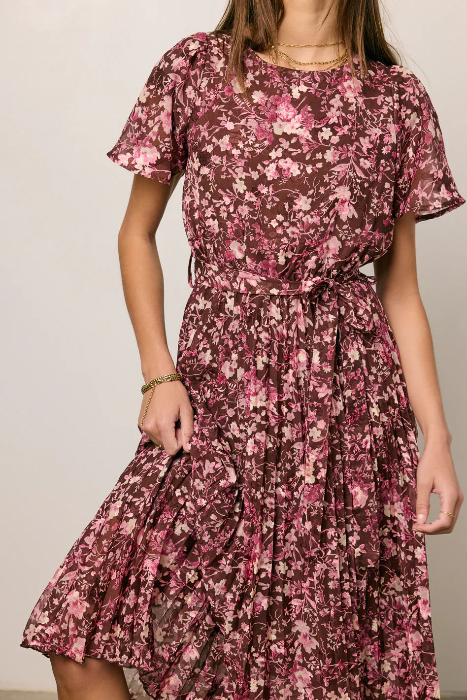 Mary Anne Floral Midi Dress in Brown