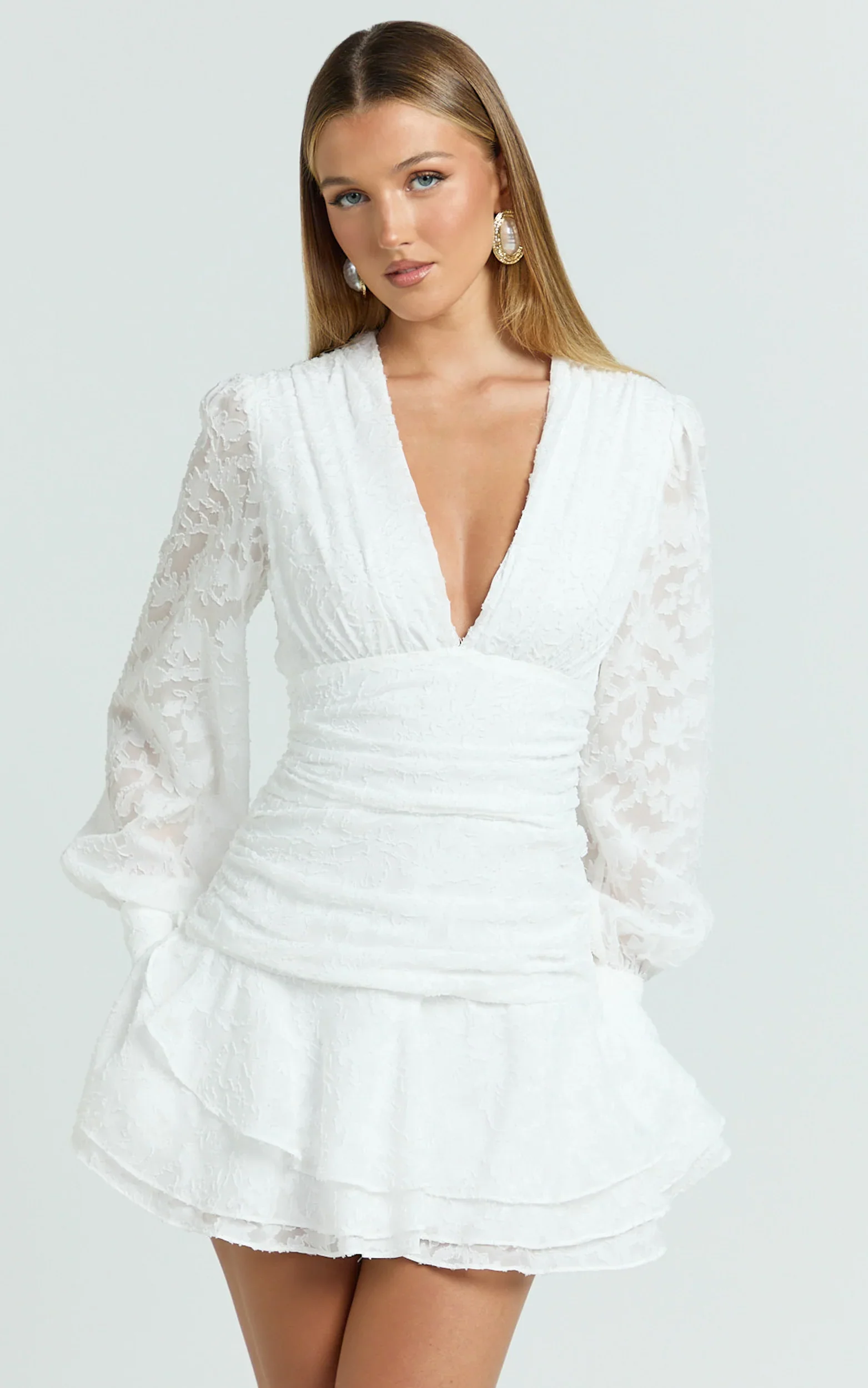 Bijou Mini Dress - Embroidery Long Sleeve Dress in White