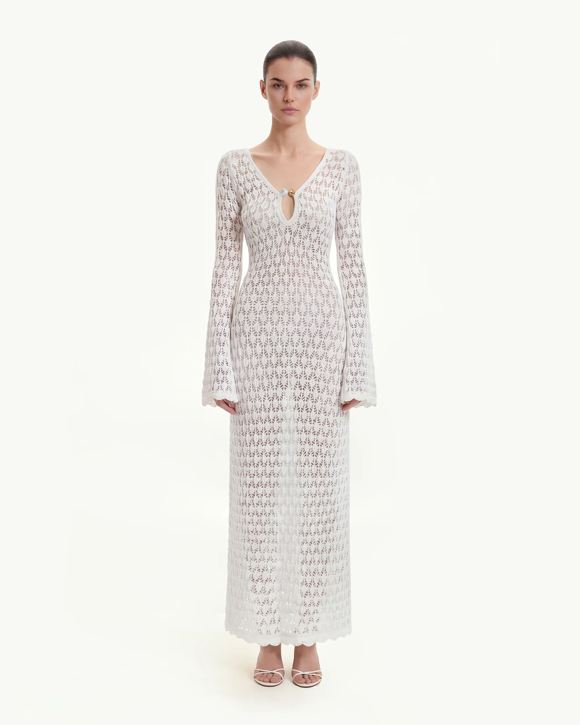 Pointelle Knit Keyhole Maxi Dress - White