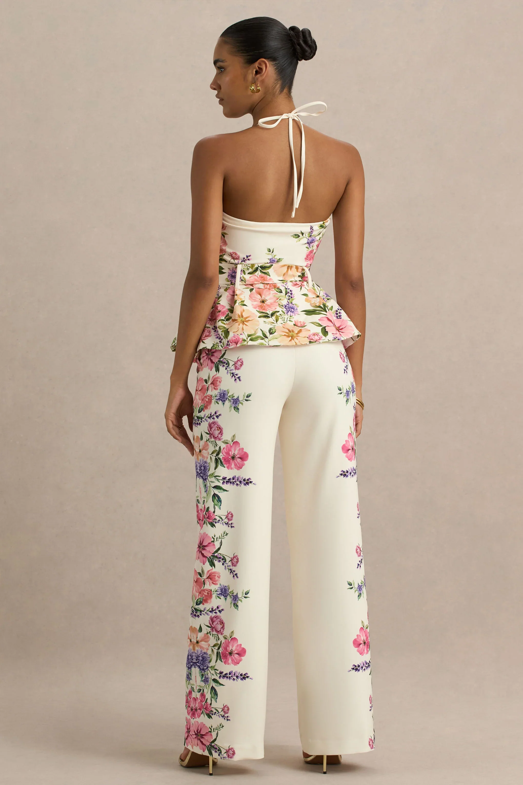 Solana | White Floral Border Print Wide-Leg Trousers
