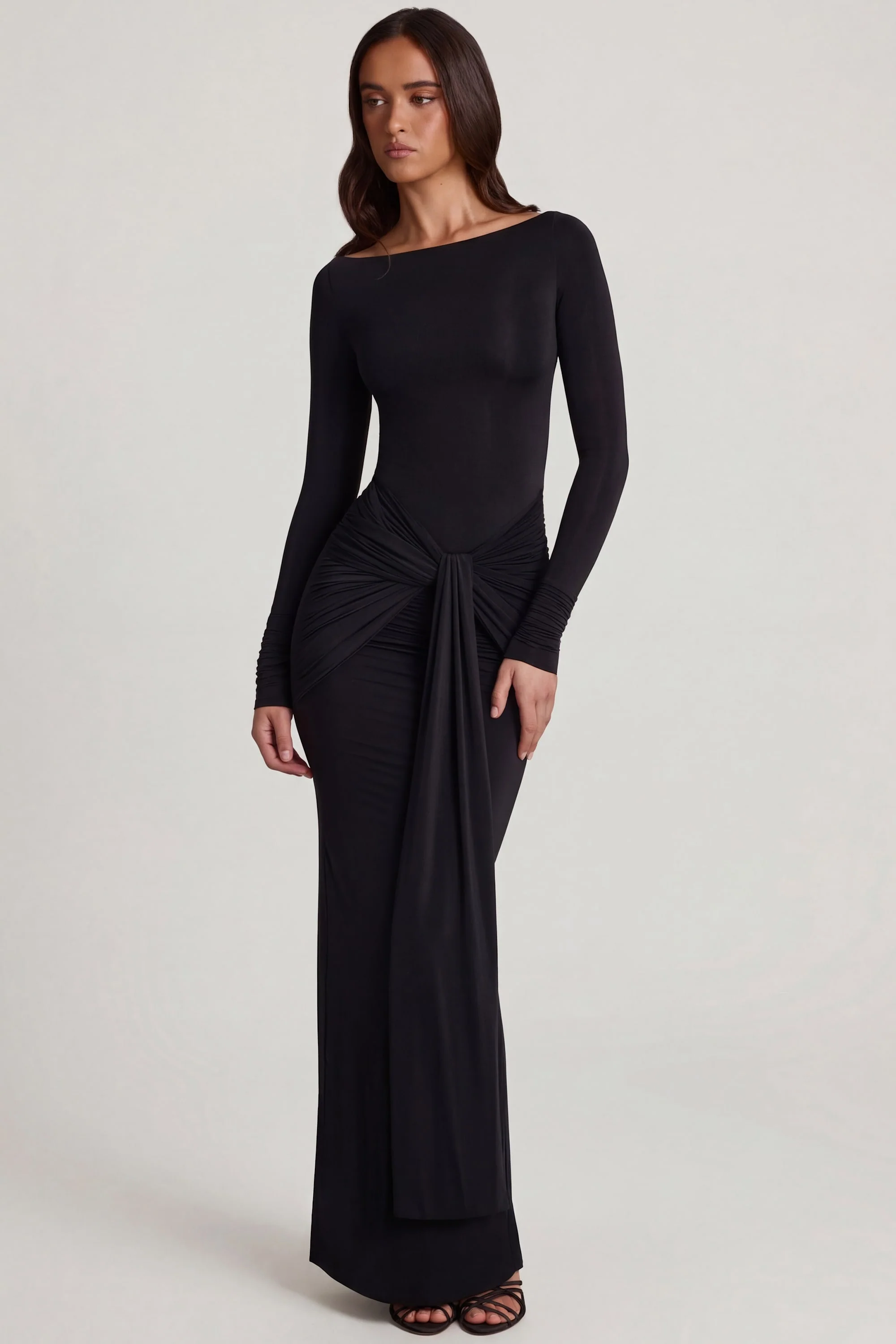 Soft Jersey Boat-Neck Tie-Gather Maxi Dress in Black