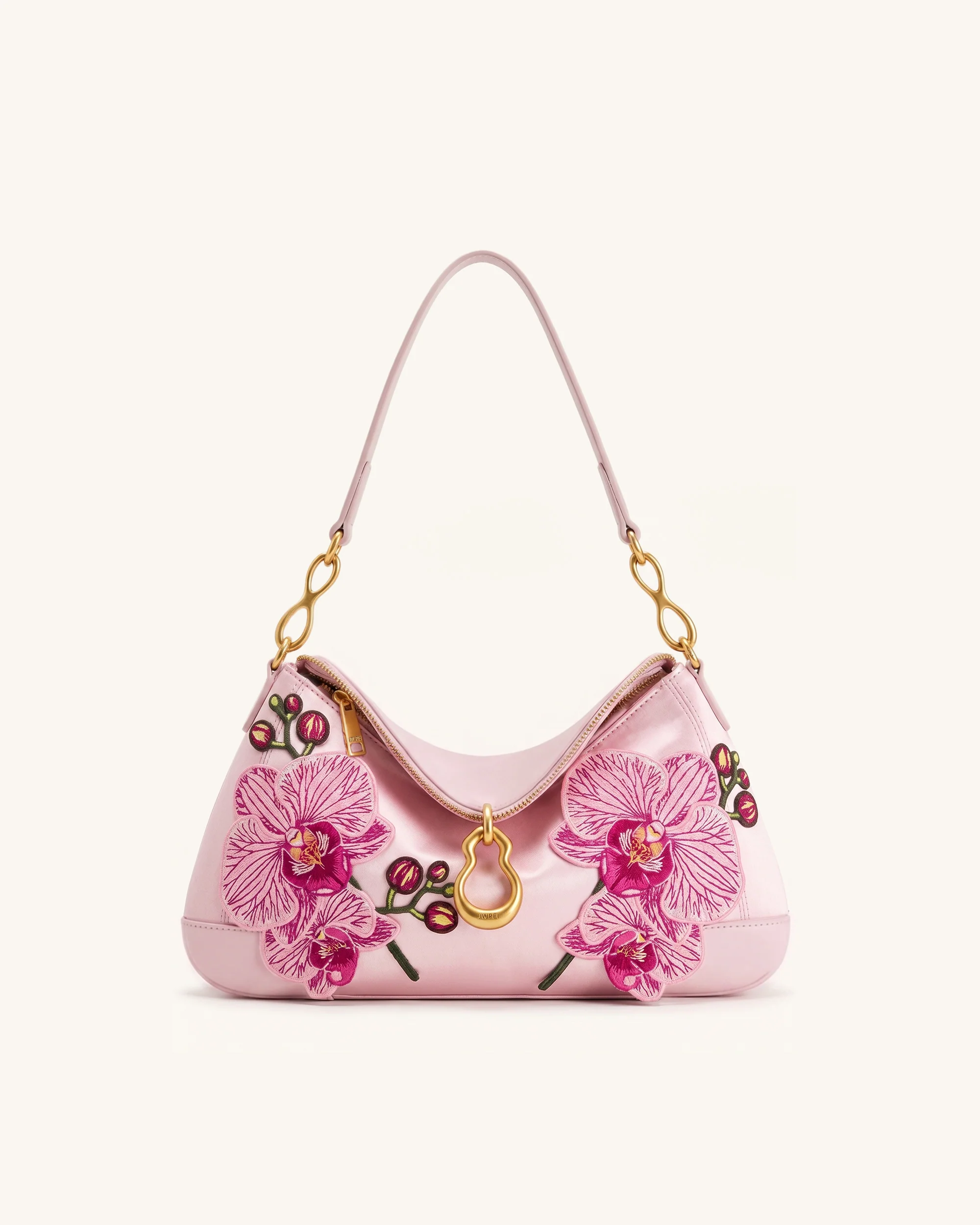 Jayla Metal Pendant Embellished Orchid Embroidered Shoulder Bag - Pink