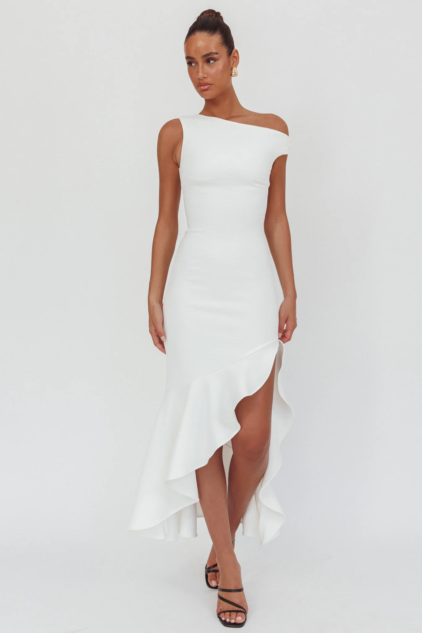 Lights On One-Shoulder Ruffle Hem Maxi Dress White