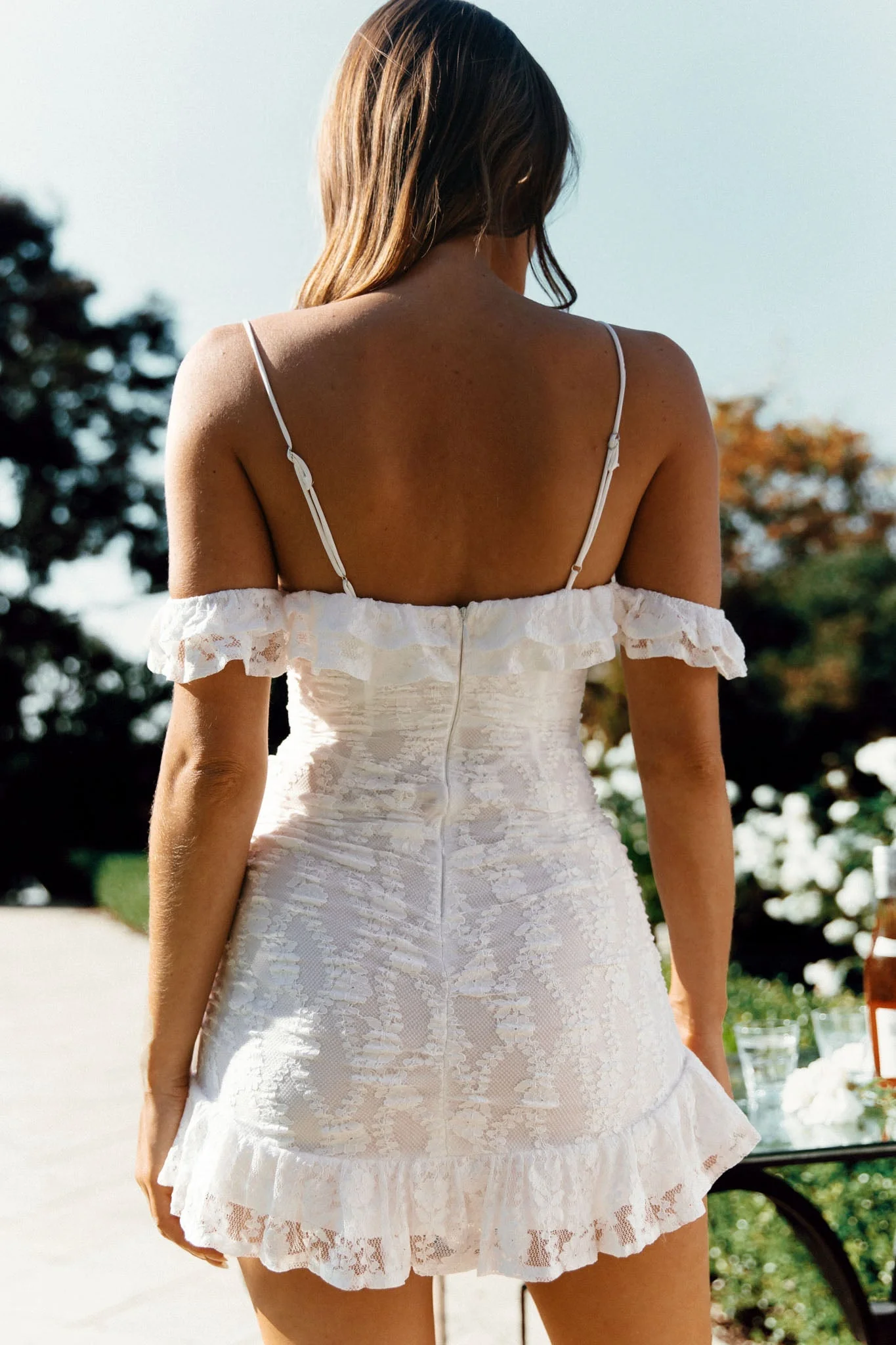 Matilda Frill Trim Lace Overlay Gold Bead Dress White - luluinthesky