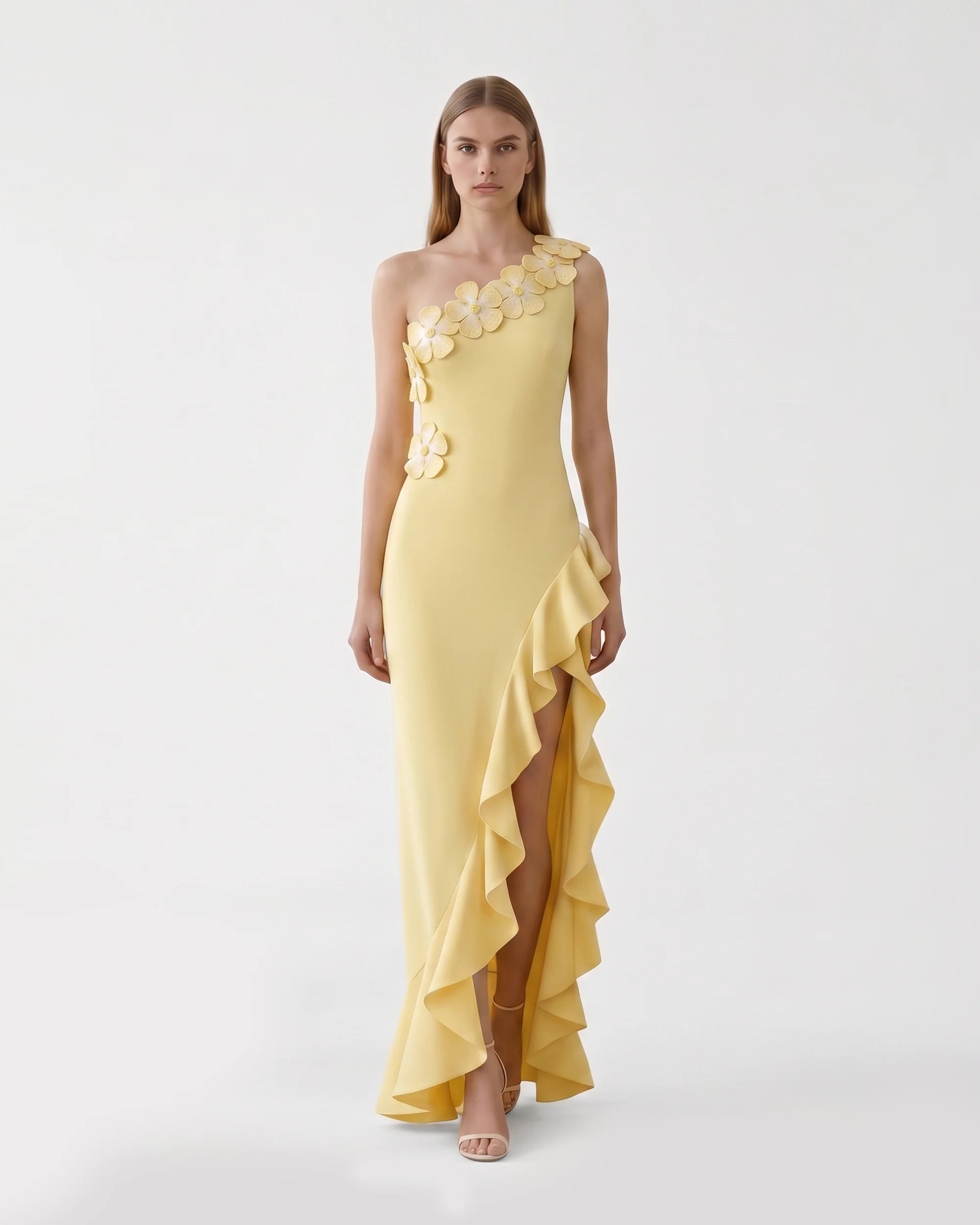 Floral Appliqué One Shoulder Ruffle Slit  Dress - Yellow