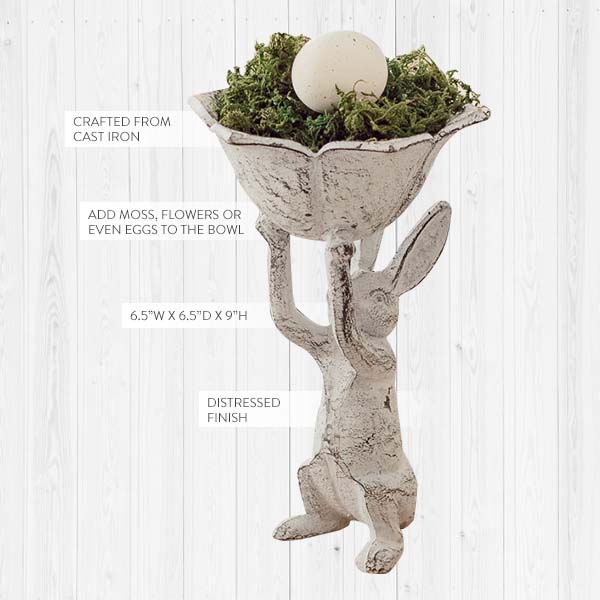 Distressed Antique White Cast Iron Rabbit Bird Feeder