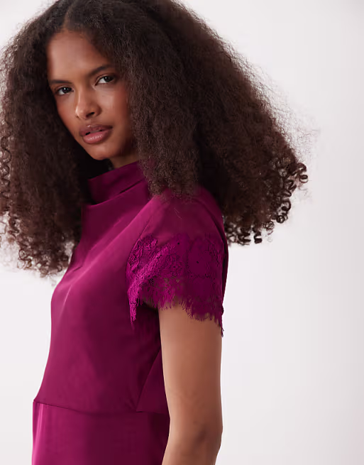 Vero Moda cap sleeve lace skirt detail satin maxi dress in purple