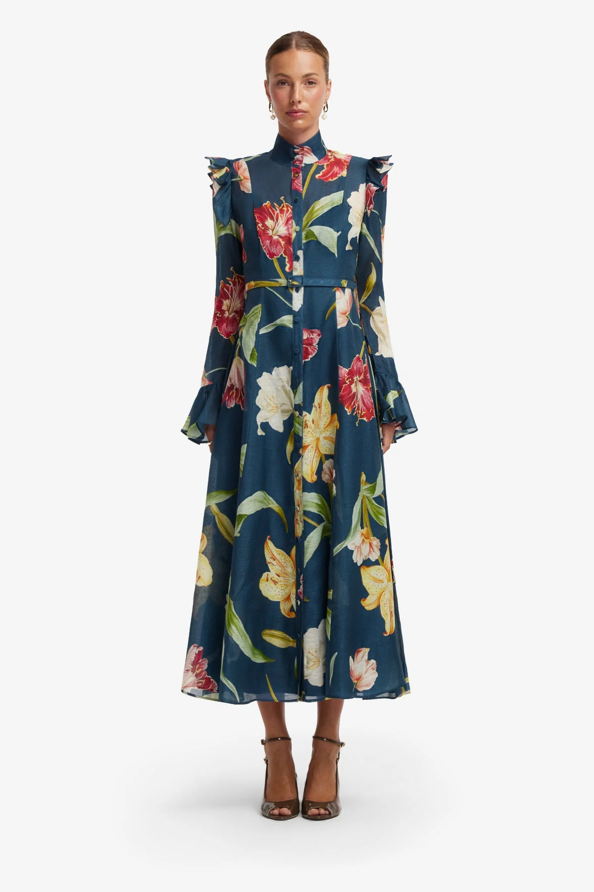Katrina Butterfly Sleeve Midi Dress - Lily Print in Indigo