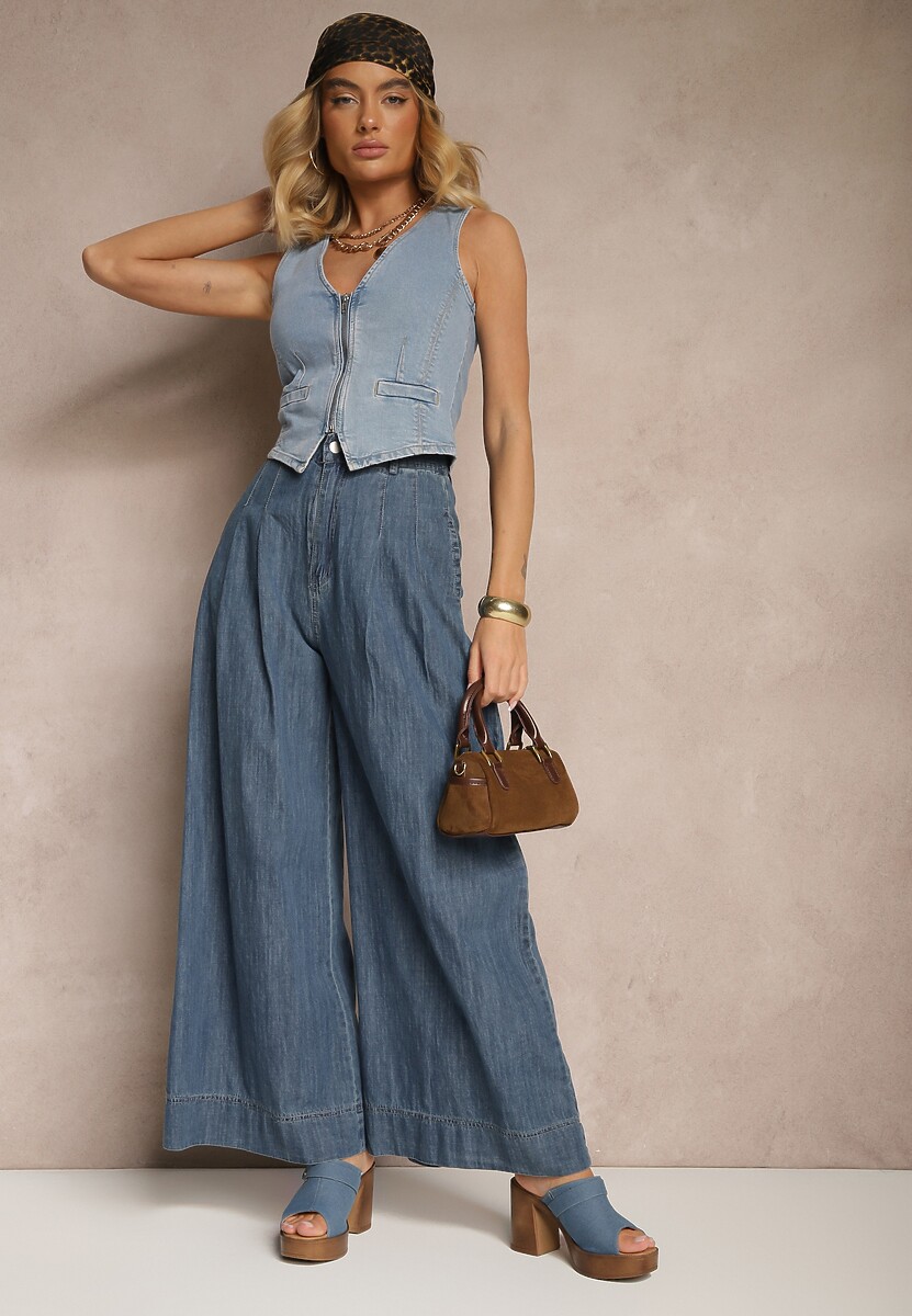 Granatowe Szerokie Jeansy z Bawełny High Waist Cohna