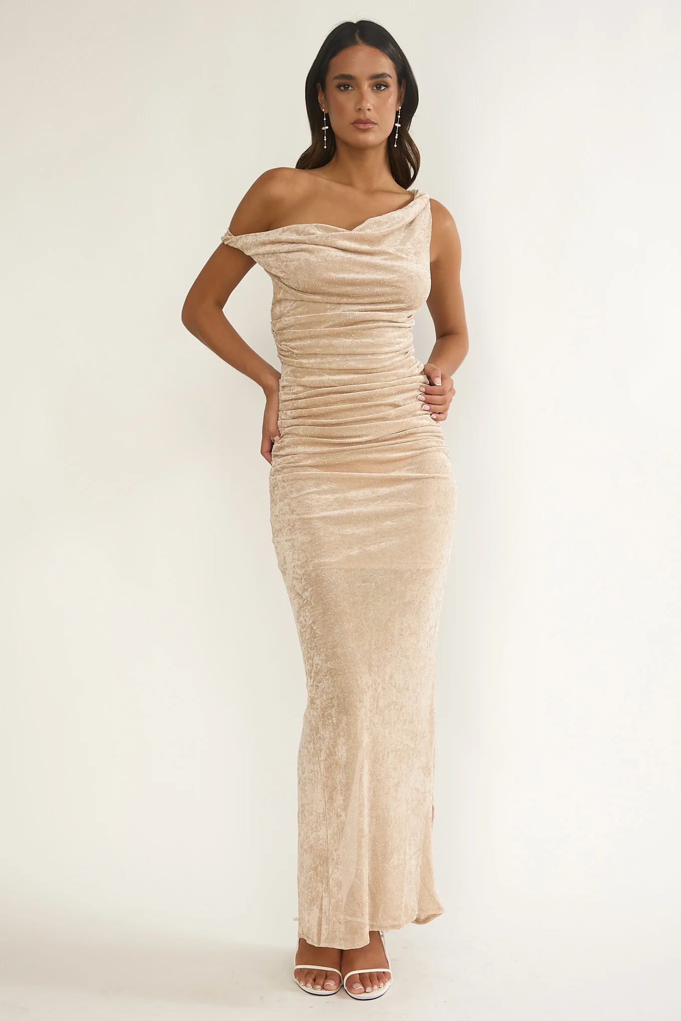 Callen Cowl Ruched Maxi Dress Champagne Silver - luluinthesky