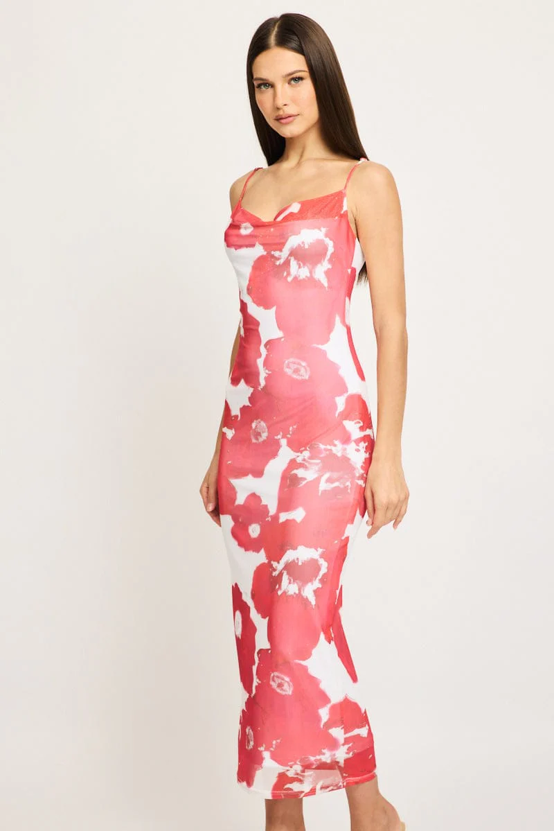 Red Floral Bodycon Dress Cowl Neck Maxi