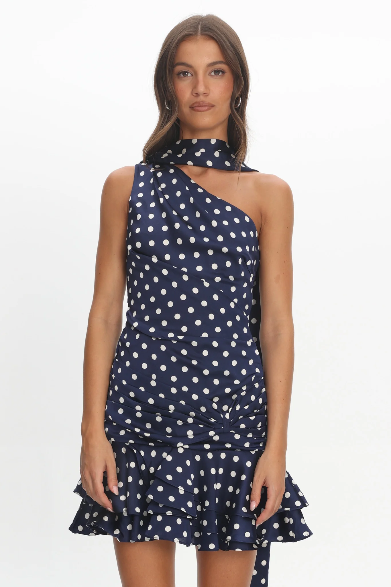Truett One-Shoulder Sash Mini Dress Polka Dot Navy - luluinthesky