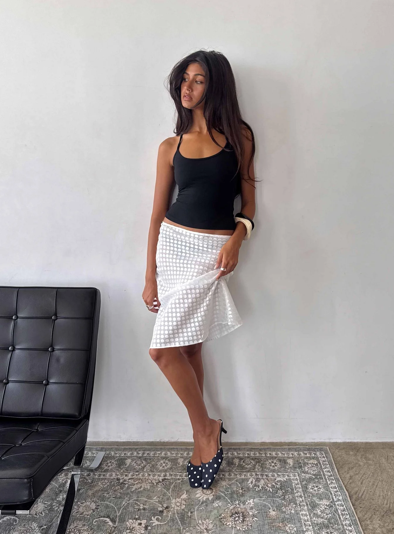 Evangela Sheer Midi Skirt White Polka Dot