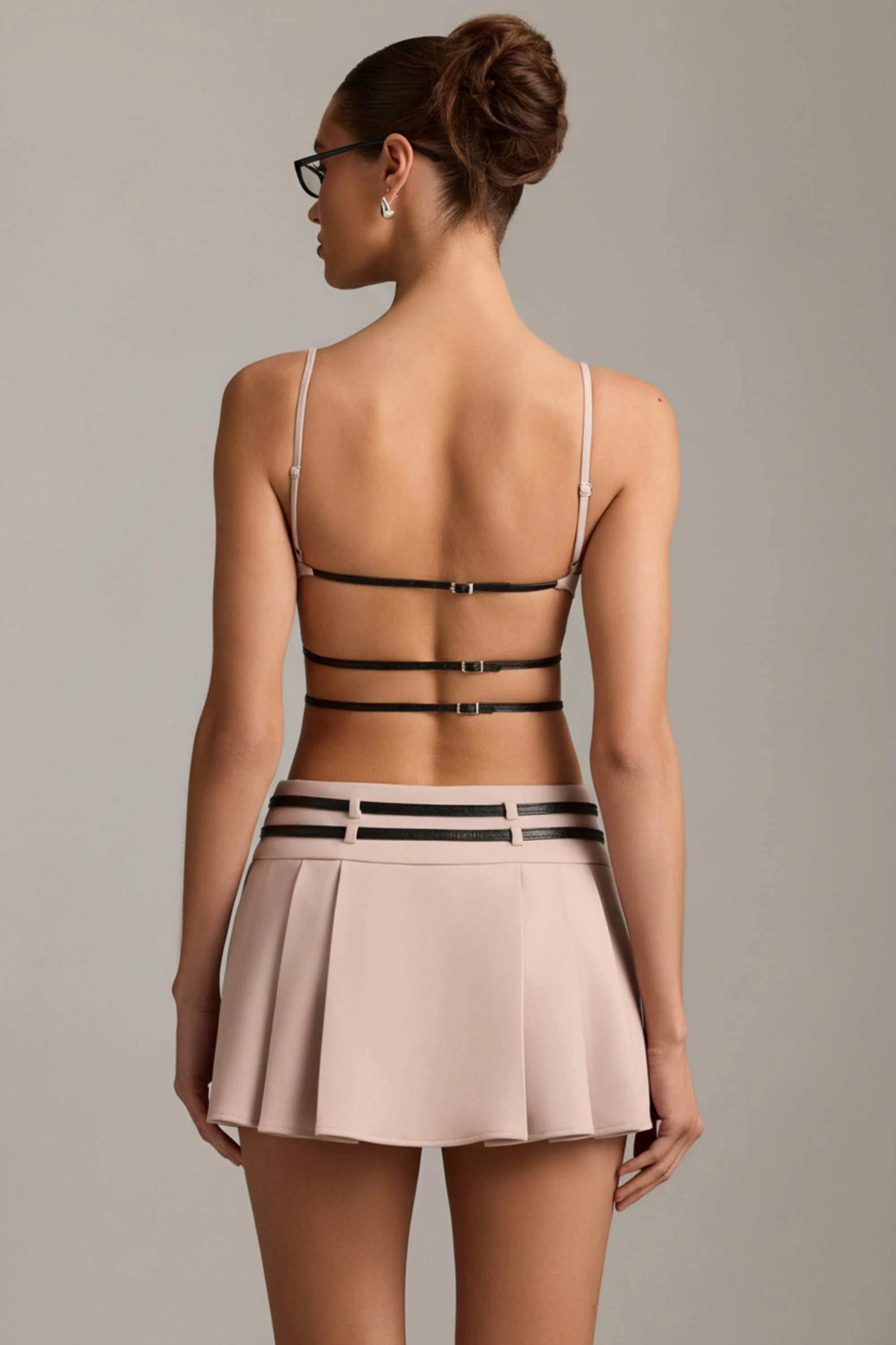 Belted Backless Pleated Mini Dress in Mushroom