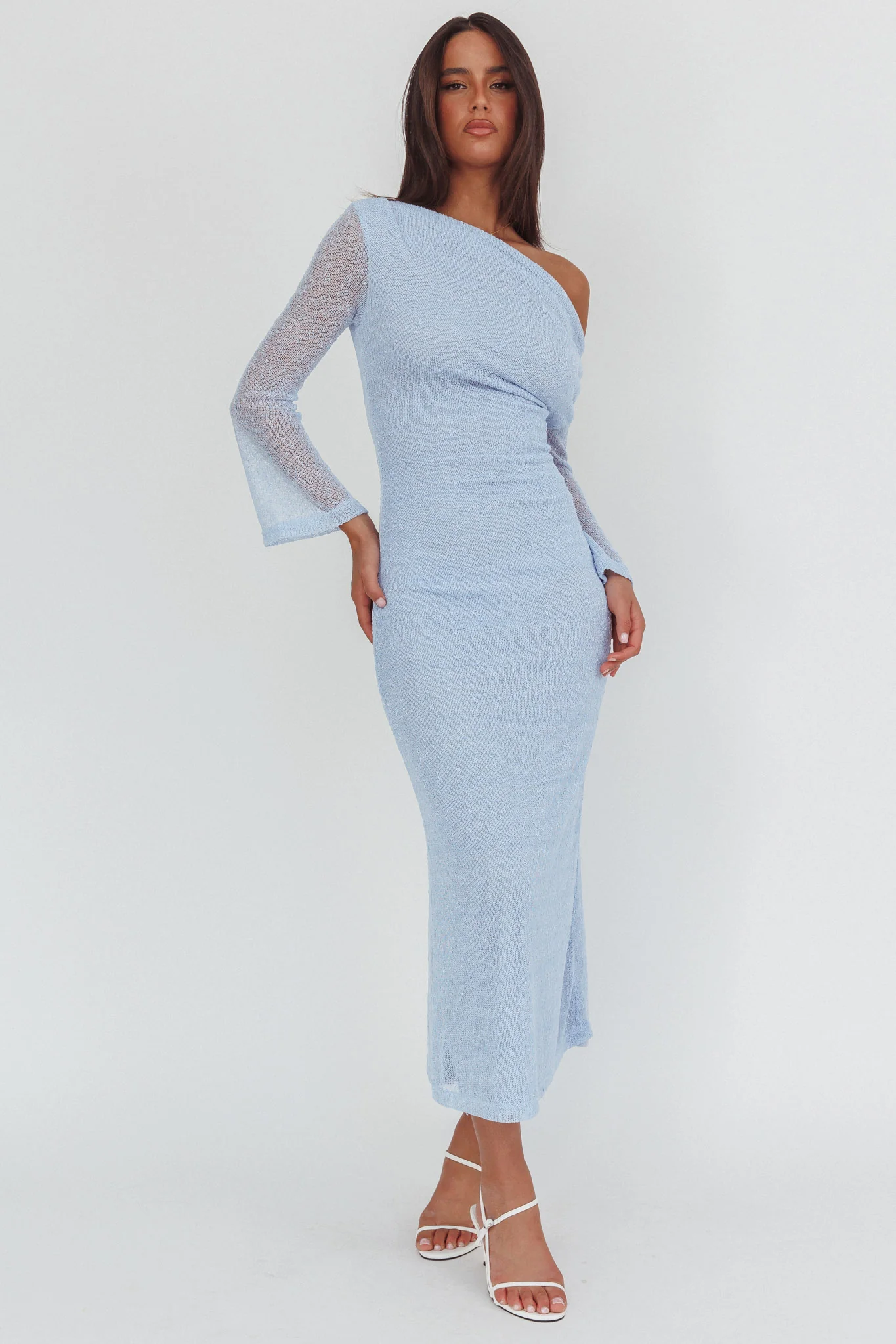 Alivya Asymmetric Neckline Knit Maxi Dress Blue