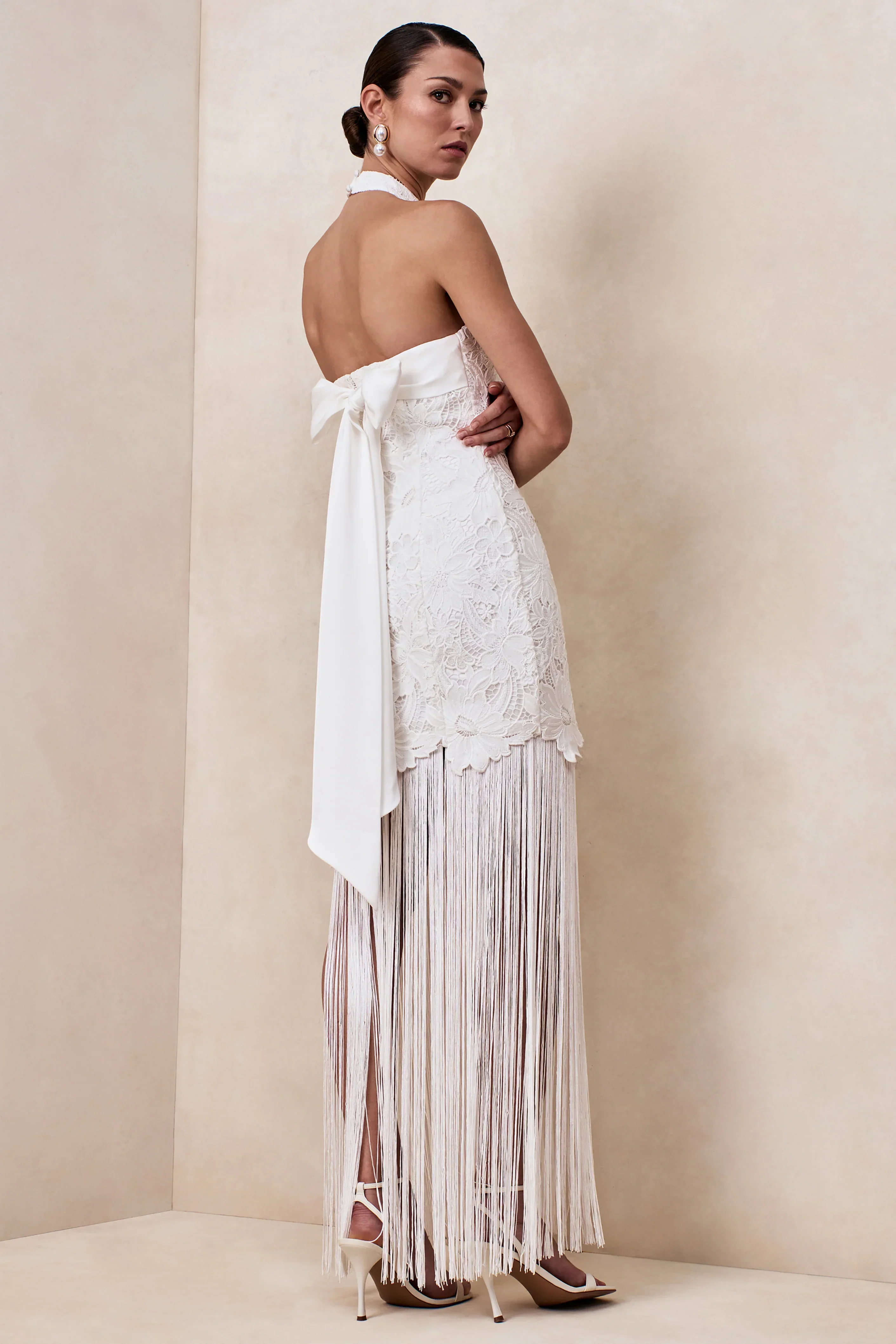 Skylar | White Lace Halter-Neck Maxi Dress With Open-Back And Bow Detail
