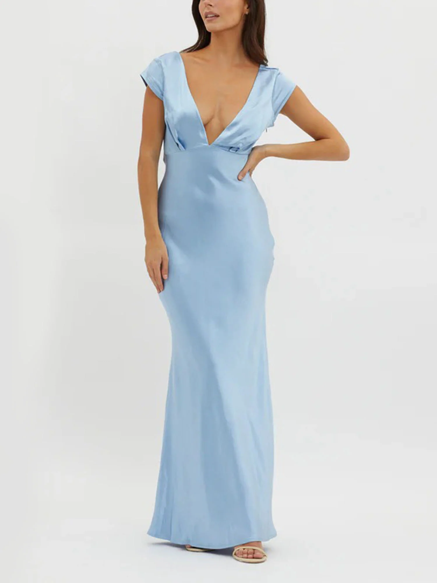Blue Plunge Neck Maxi Dress
