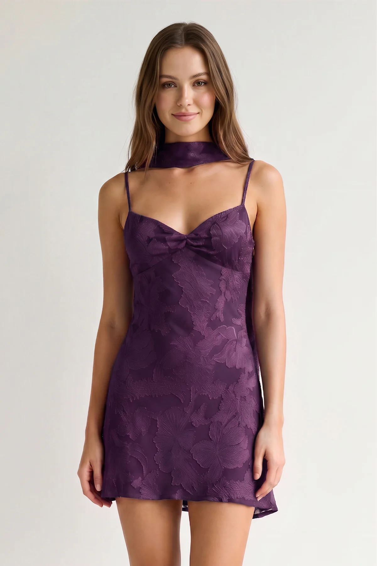 Red Jacquard Chiffon Cami Straps Sheath Homecoming Dress with Scarf