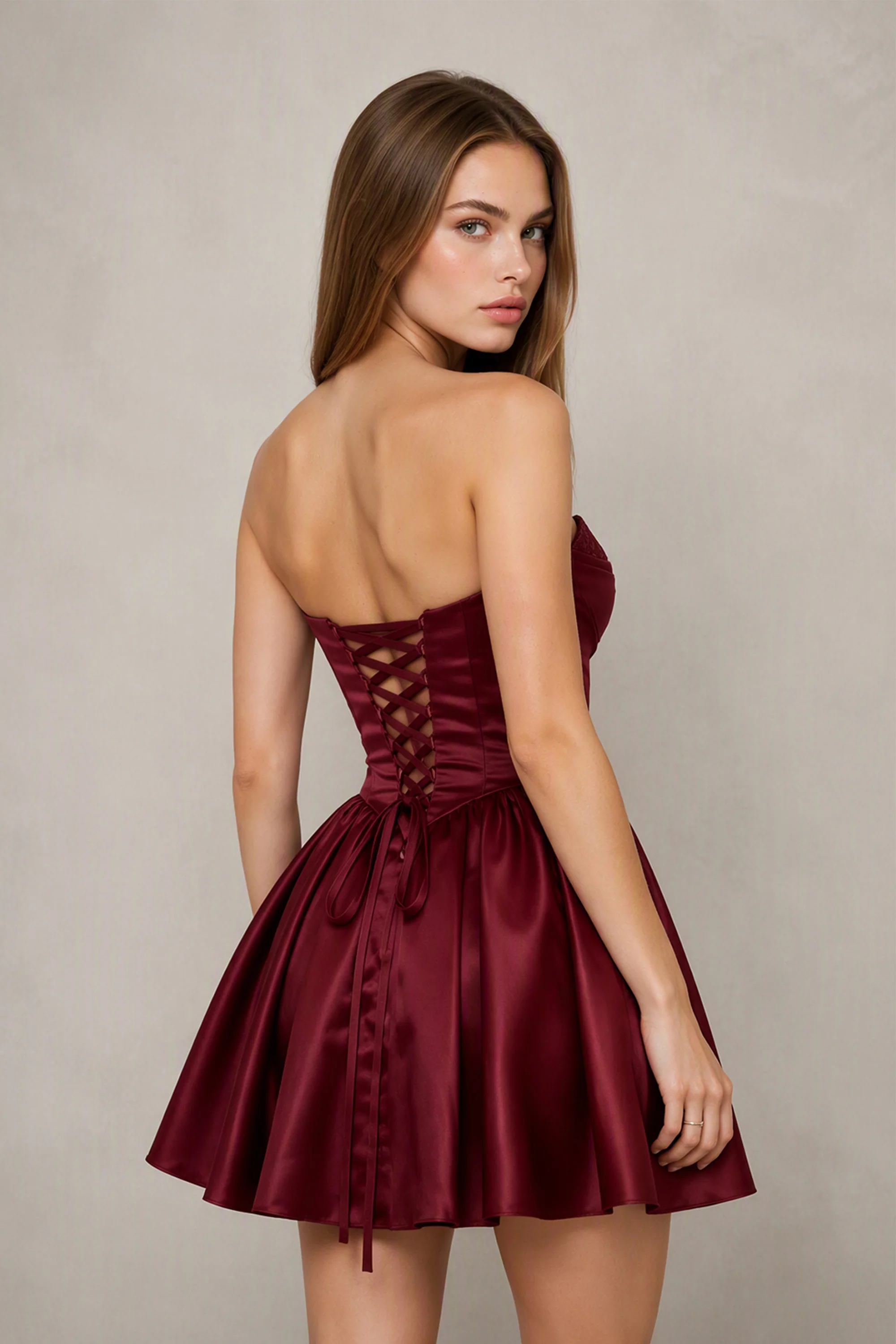 BOLODOO Burgundy Satin Sequin Sweetheart Strapless Corset Lace-Up Back A-Line Mini Dress | Prom Cocktail Homecoming Dress