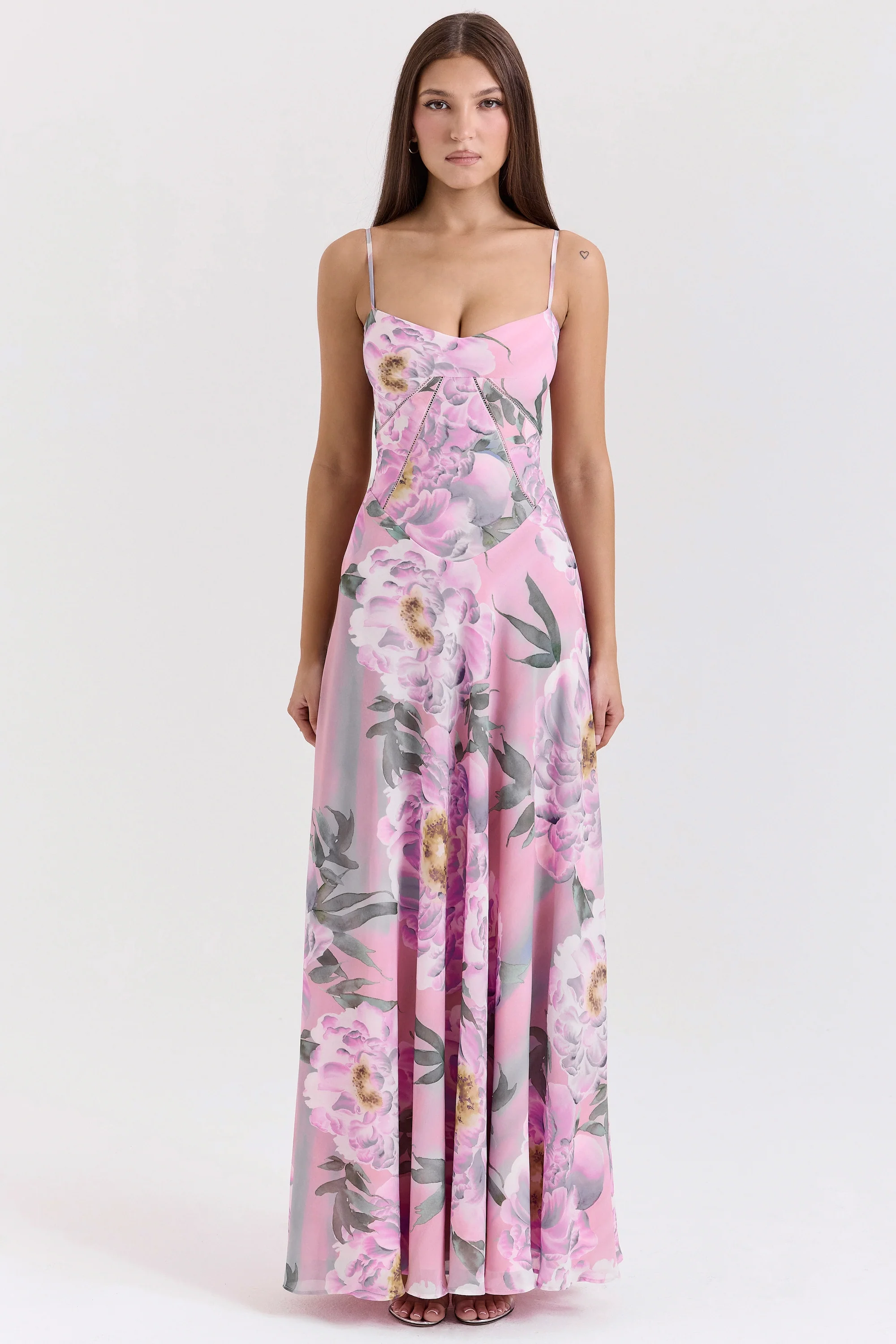 Pink Floral Print Lace Back Maxi Dress