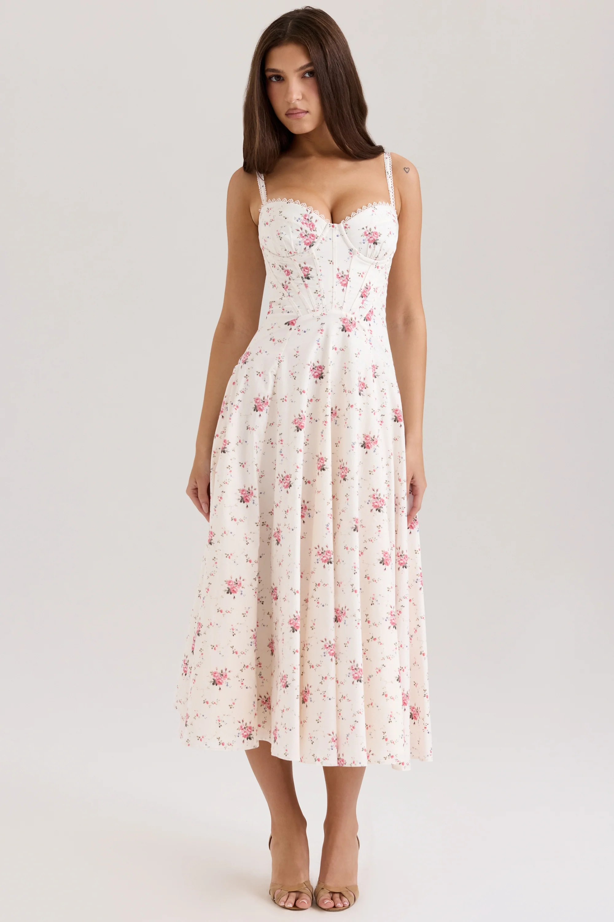 white stretch cotton rose print midi sundress