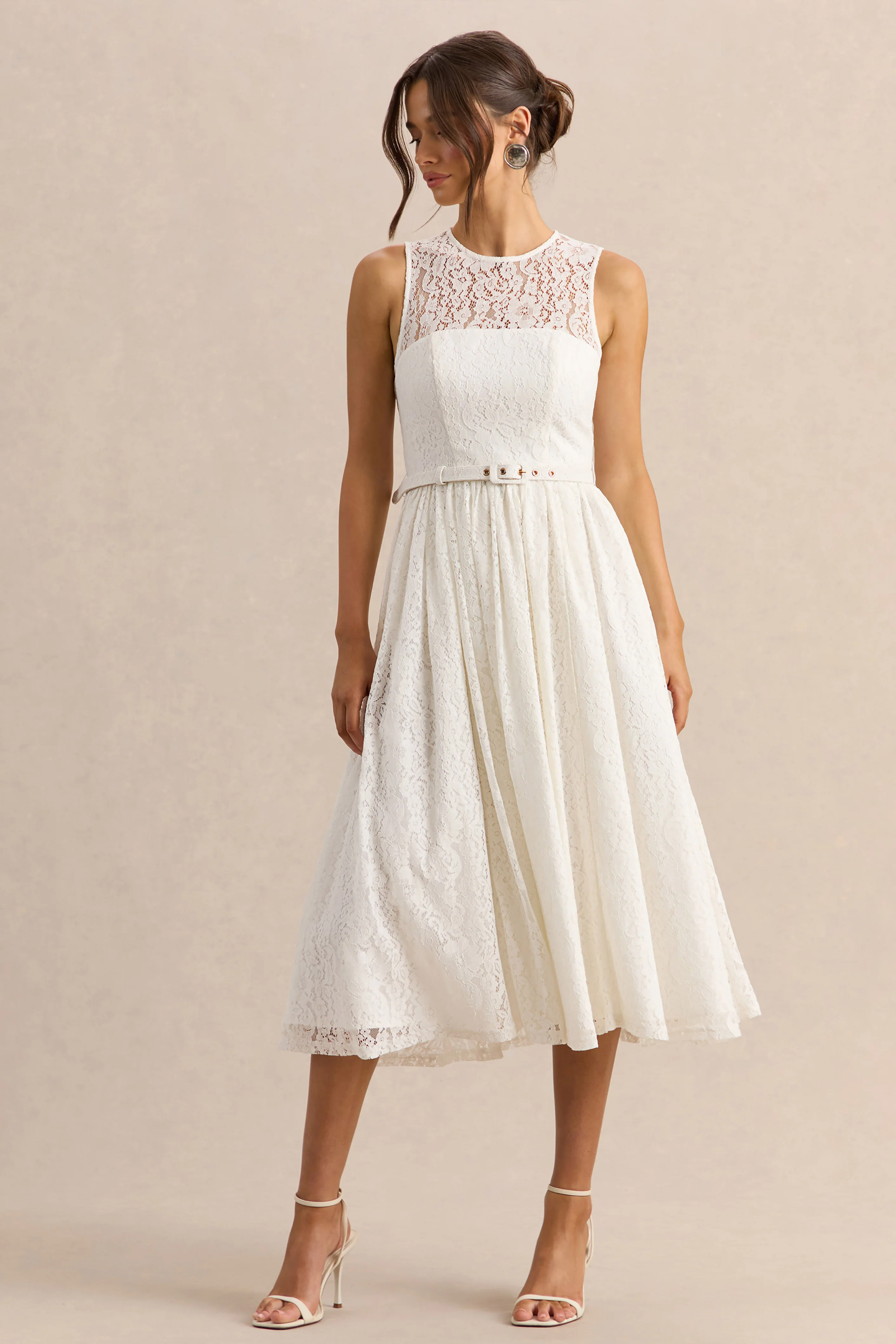 Anabella | White Lace Crew-Neck Belted Midi-Dress