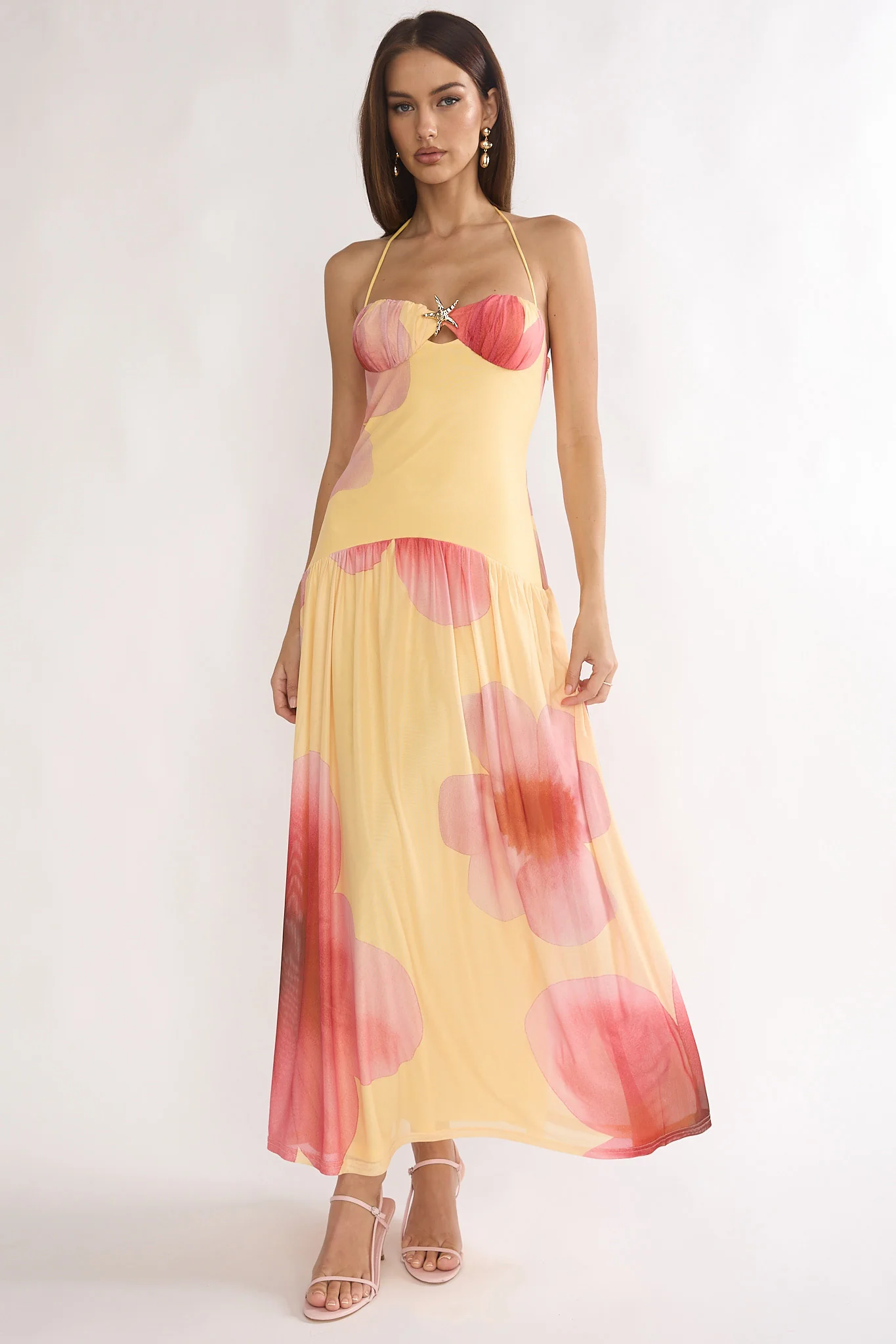 Justyne Drop Waist Halter Maxi Dress Floral Yellow