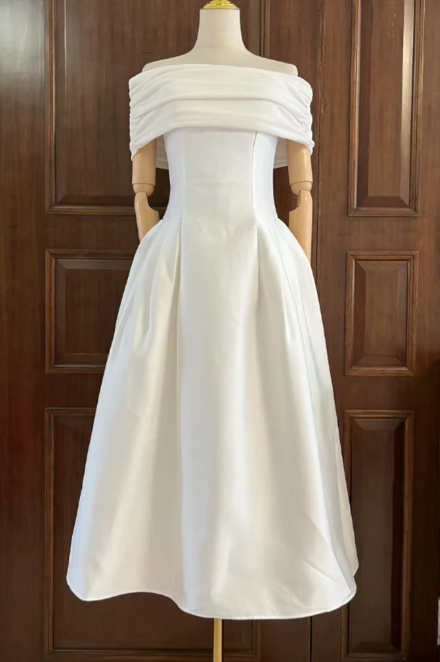 Vivian Off Shoulder Flare Satin Midi Dress