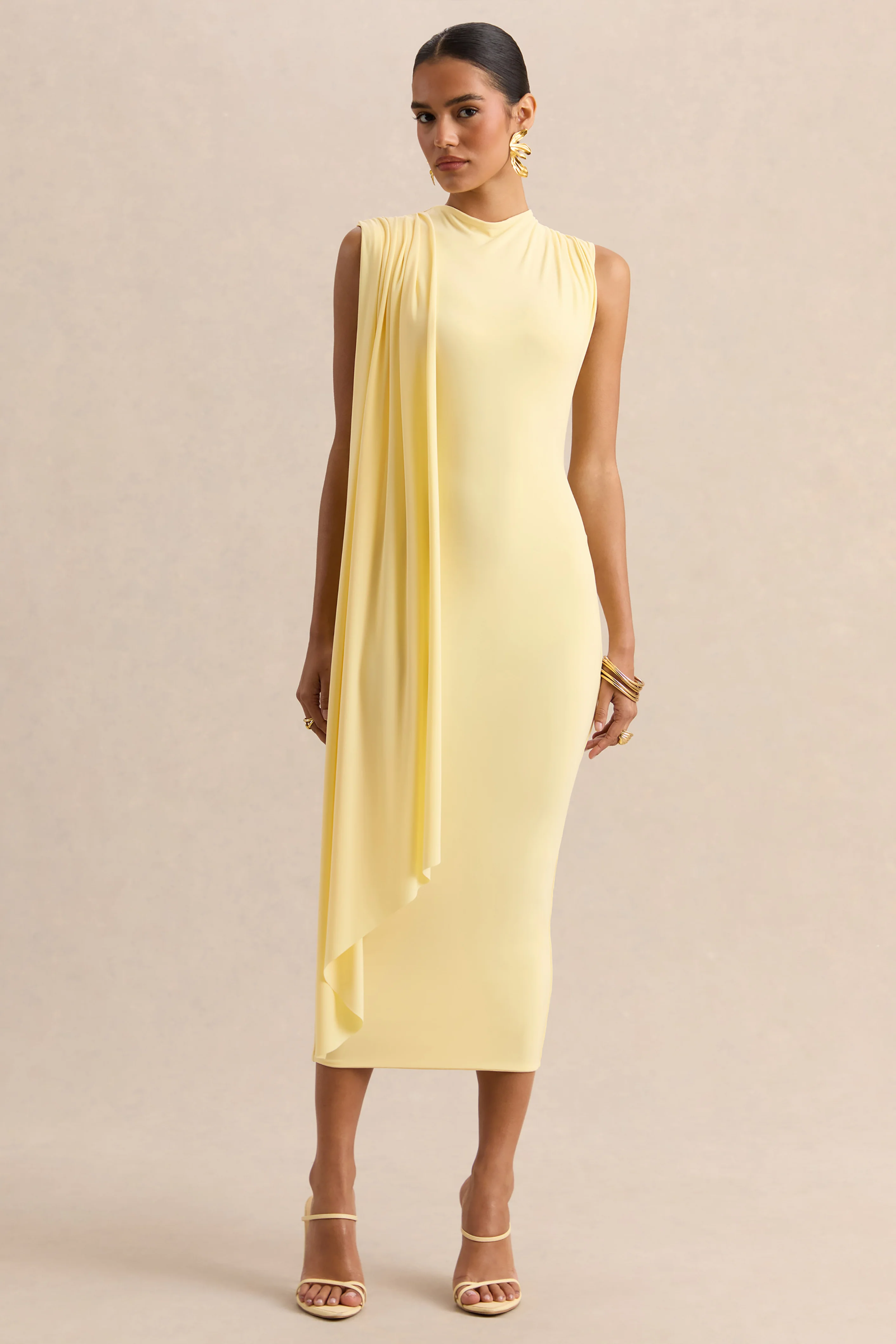 Oleandra | Lemon High-Neck Midi-Dress With Draped-Detail