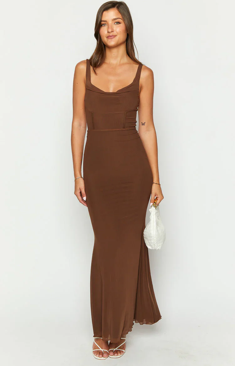 Myah Brown Corset Mesh Maxi Dress