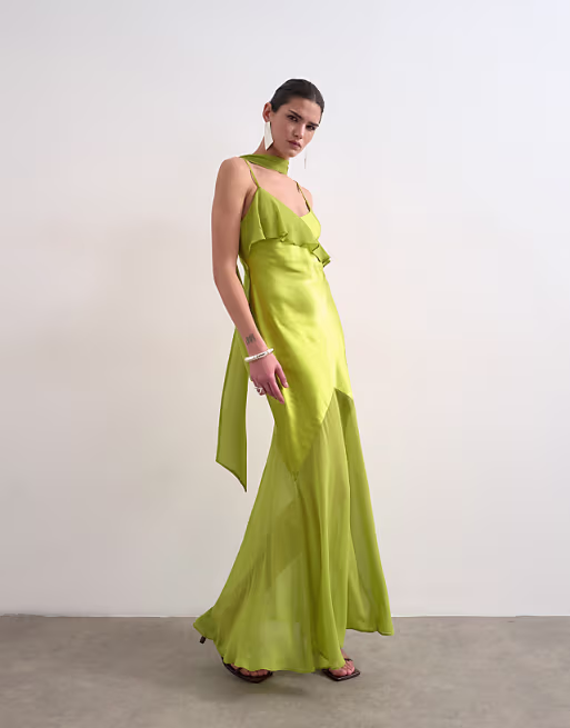 Topshop mixed fabric ruffle detail maxi slip dress in green