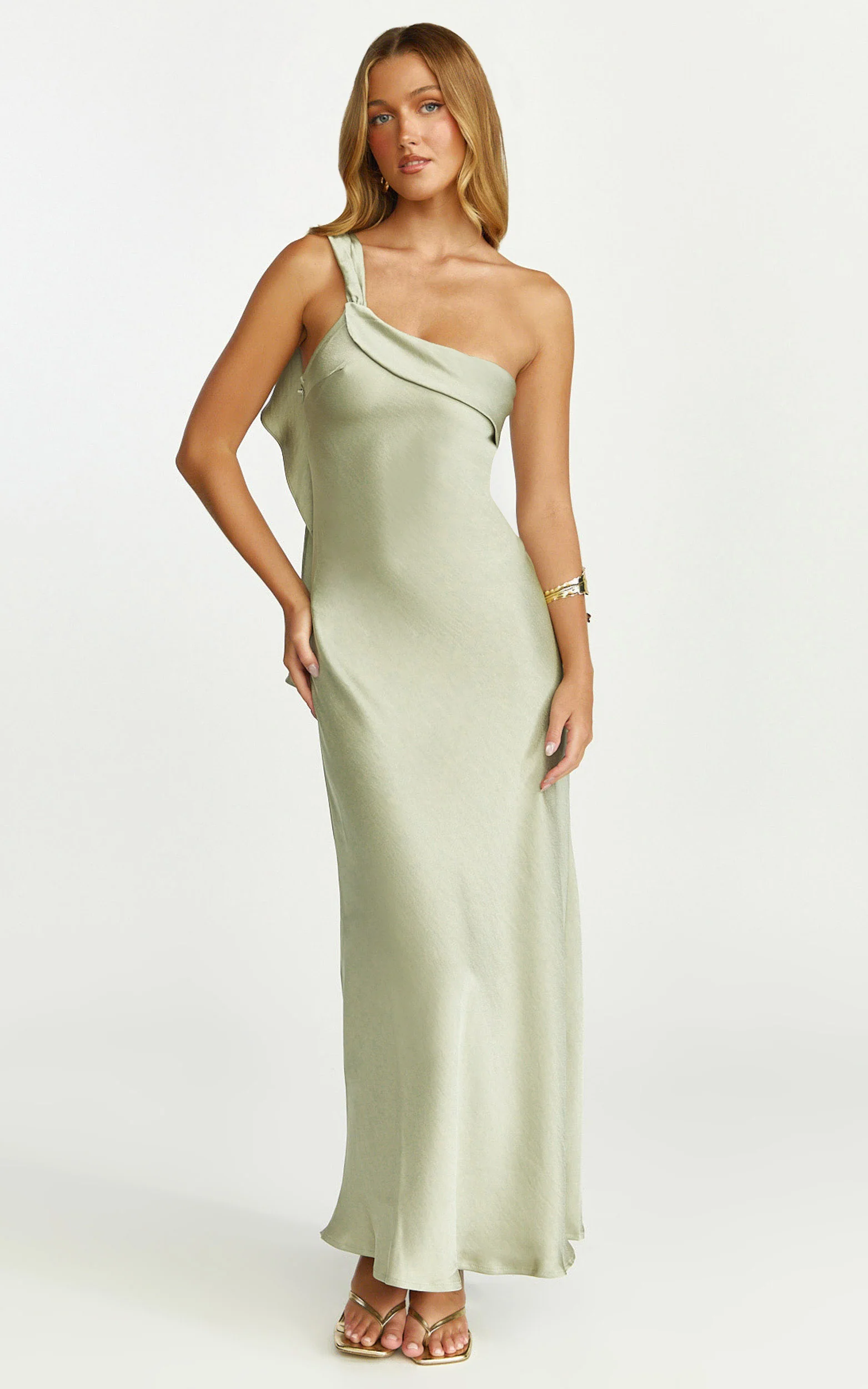Calix Midi Dress - One Shoulder Slip Dress in Light Olive