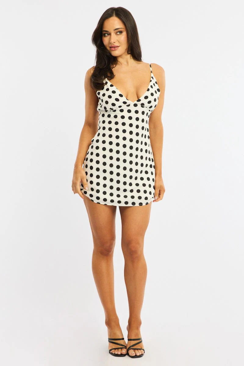 White Polka Dot Mini Dress V-neck