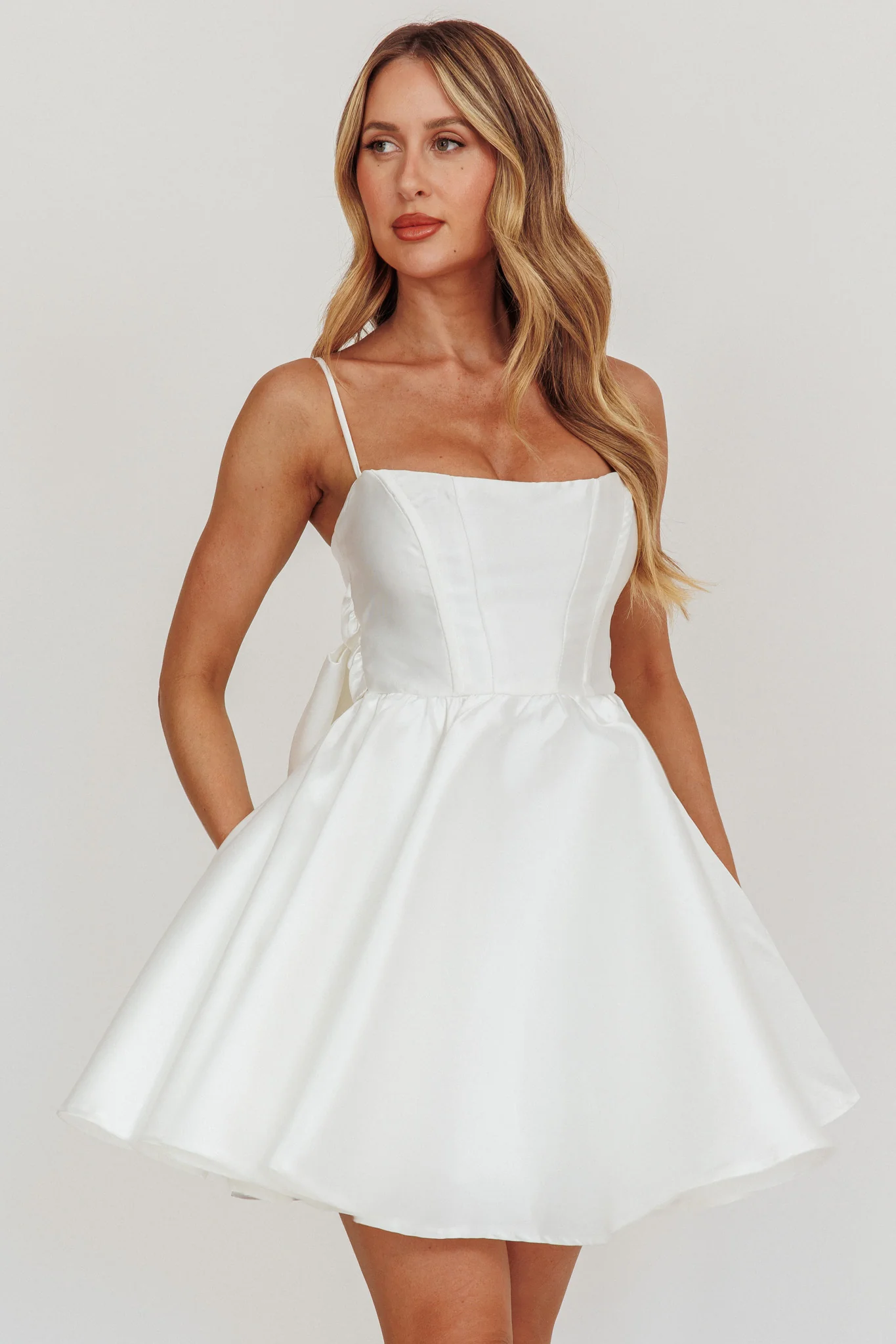 Athens Flared Bow Mini Dress White - luluinthesky