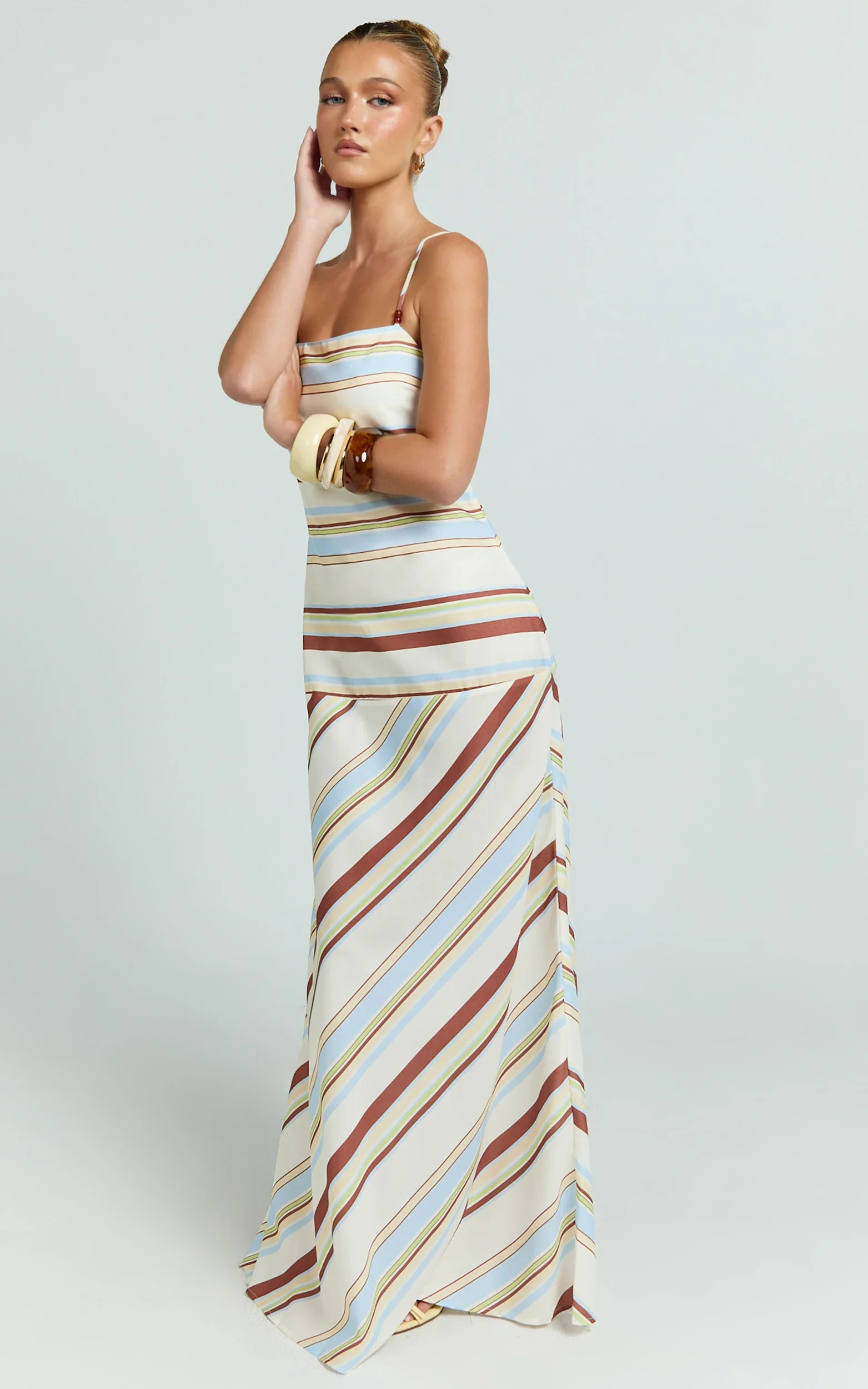 Yurika Maxi Dress - Square Neck Stripe Print Slip Dress in Choco Retro Stripe
