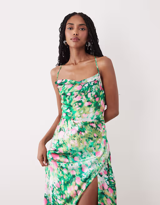 Hope & Ivy satin cami cowl neck open tie back maxi dress in green floral