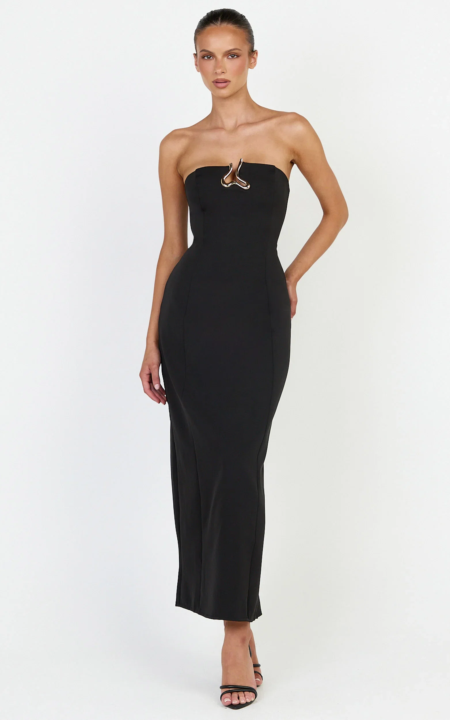 Aurea Maxi Dress - Strapless Gold Trim Column Dress in Black