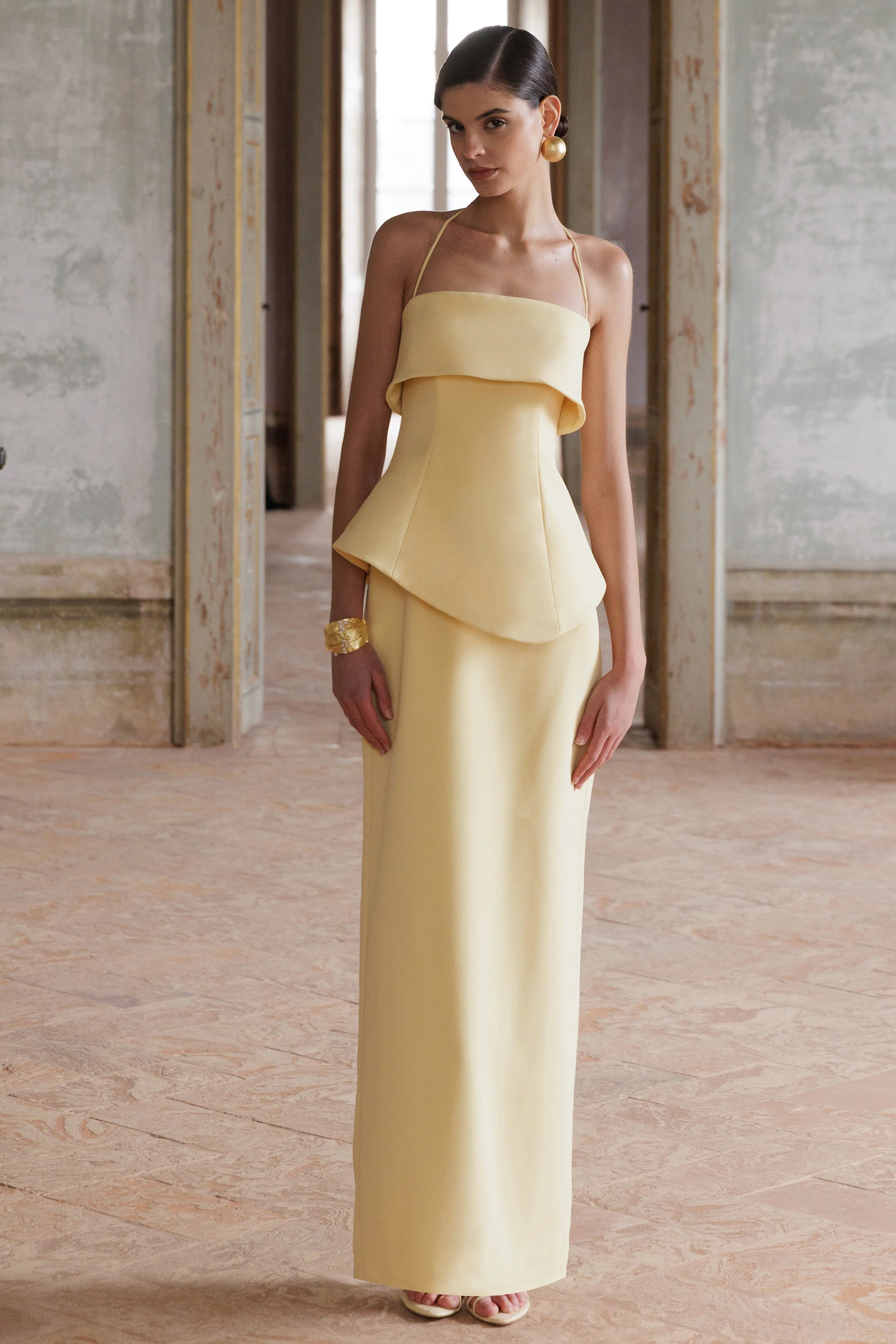 Fran | Lemon Square-Neck Corset Maxi Dress