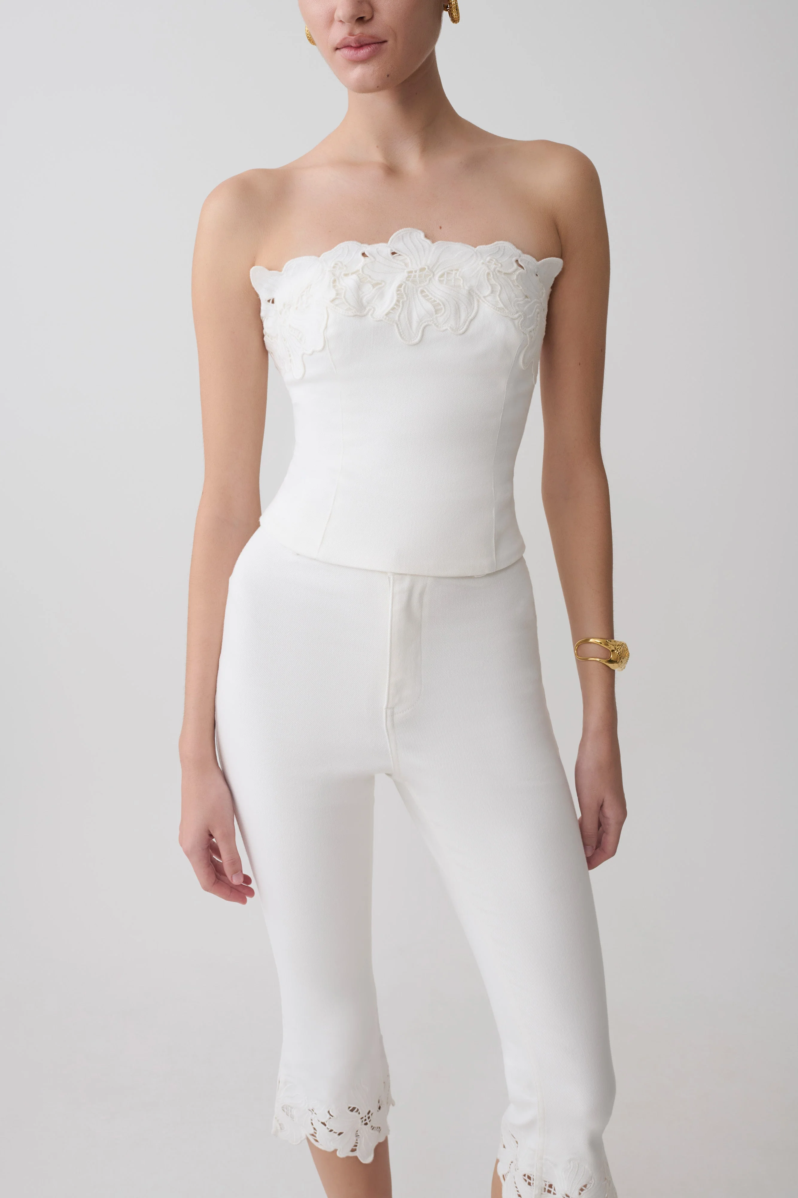 Tillie Flower Embroidery Strapless Denim Top - White