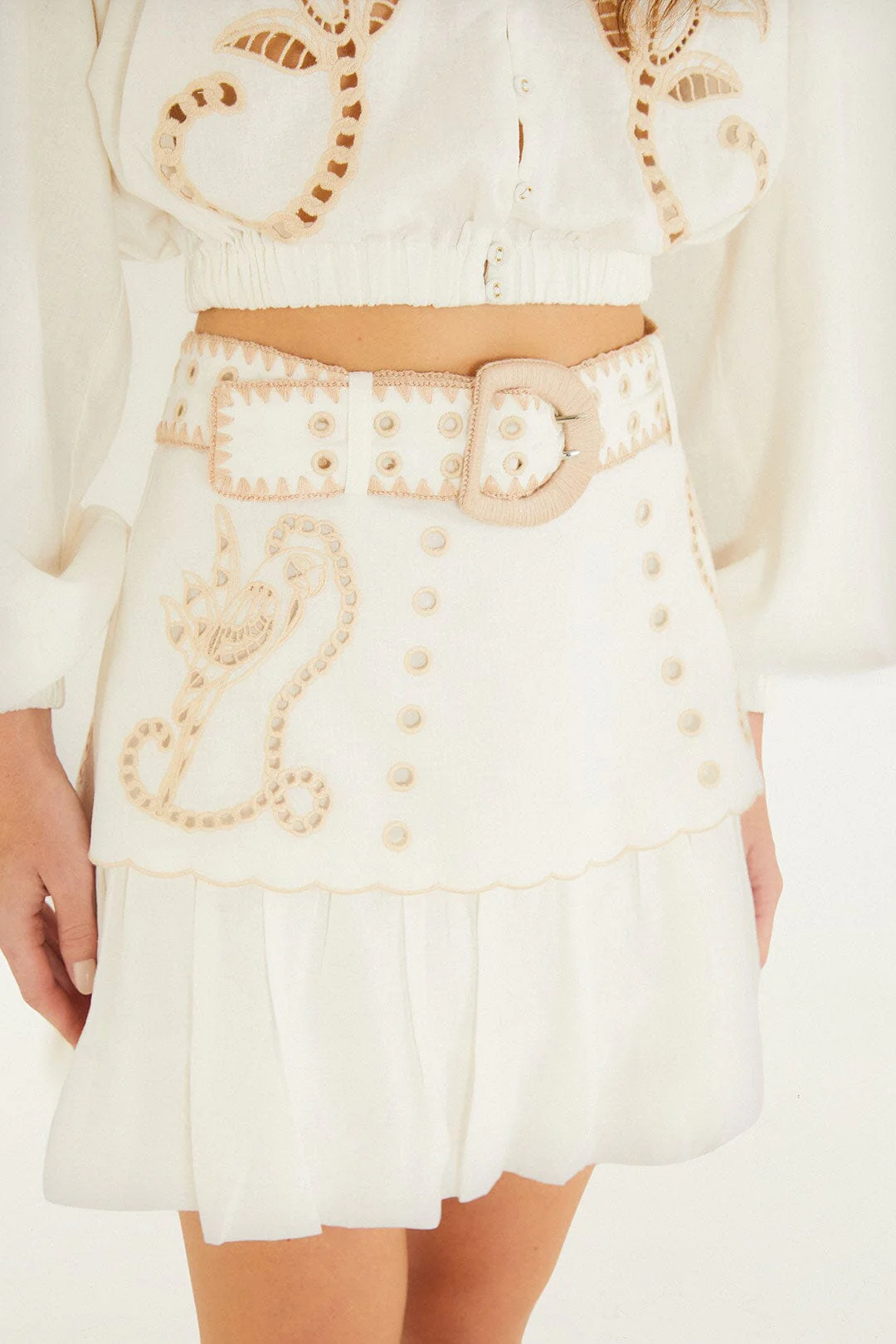 FARM Rio Sand Richelieu Belted Mini Skirt